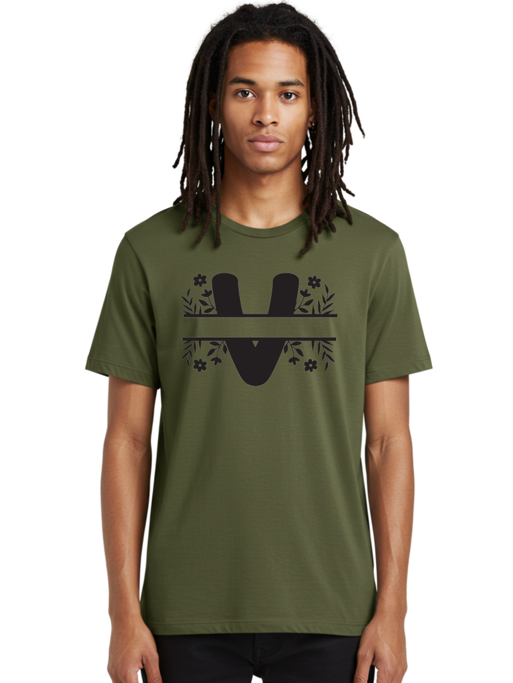 W-1 Men'S Graphic Tee, 100% Cotton, Comfortable Casual Summer Wear, Machine Washable, Stylish Letter W, Floral Design, Black Silhouette, Decorative Flowers, Minimalist Art, Elegant Typography, Modern Graphic Design Aad281