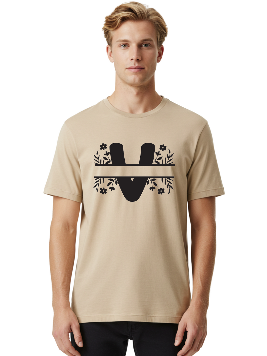 W-1 Men'S Graphic Tee, 100% Cotton, Comfortable Casual Summer Wear, Machine Washable, Stylish Letter W, Floral Design, Black Silhouette, Decorative Flowers, Minimalist Art, Elegant Typography, Modern Graphic Design Aad281