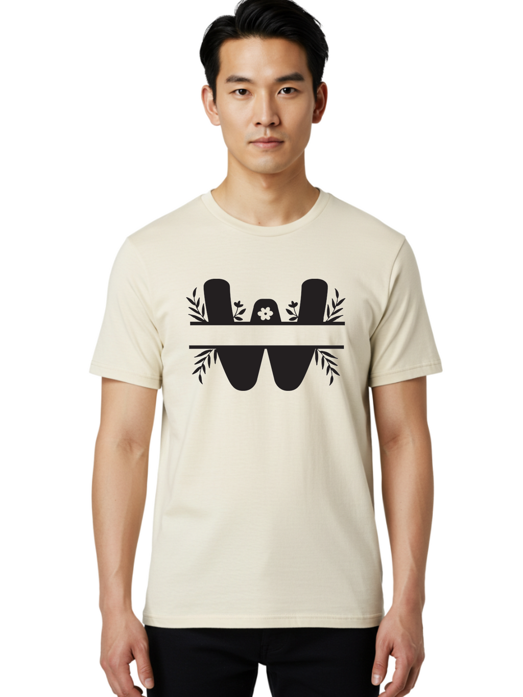 W-Logo Men'S Graphic Tee, 100% Cotton, Comfortable Casual Summer Wear, Machine Washable, Stylized Letter W, Floral Motifs, Minimalist Design, Black Silhouette, Leafy Pattern, Four-Leaf Clover Aad283