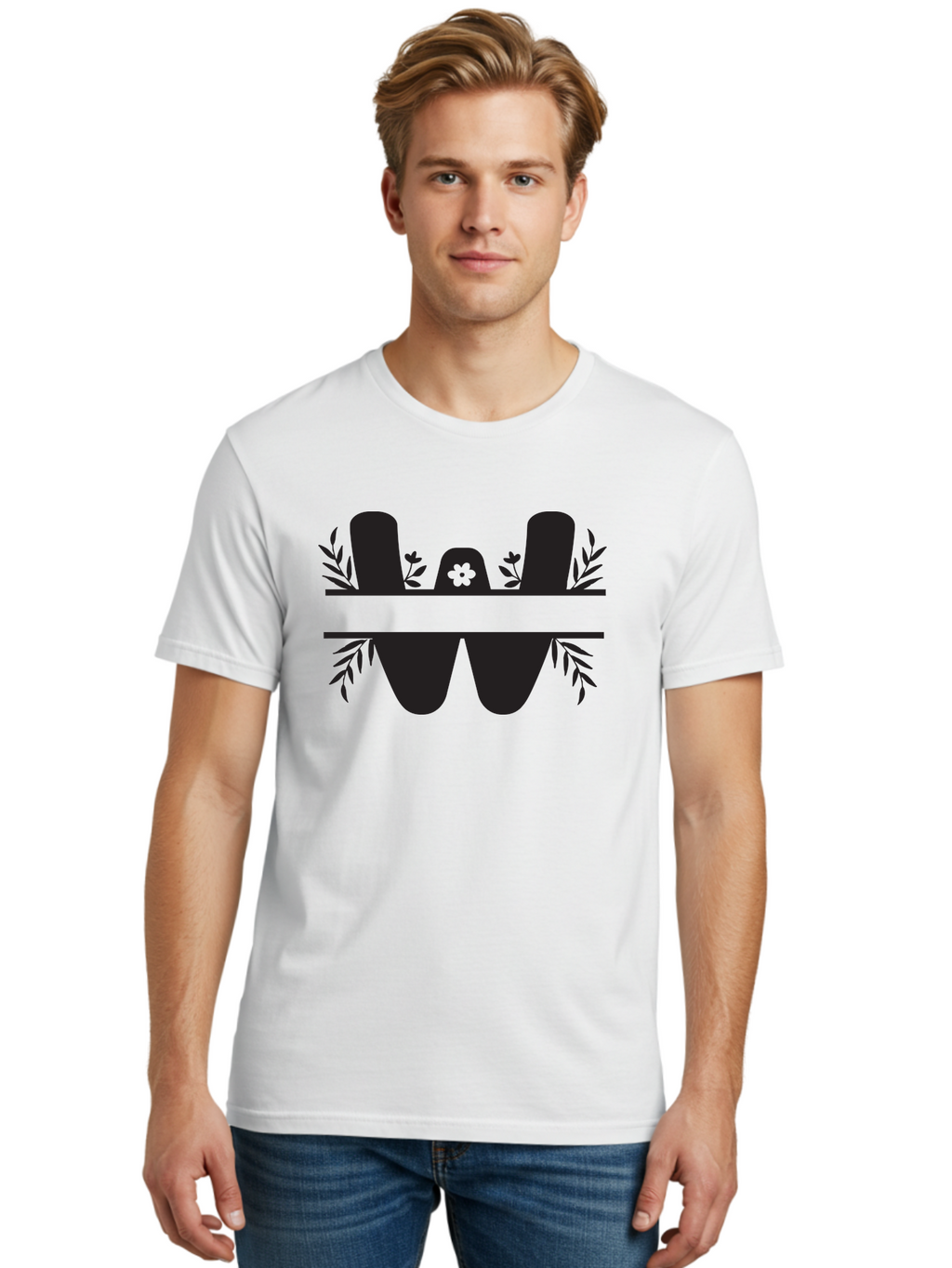 W-Logo Men'S Graphic Tee, 100% Cotton, Comfortable Casual Summer Wear, Machine Washable, Stylized Letter W, Floral Motifs, Minimalist Design, Black Silhouette, Leafy Pattern, Four-Leaf Clover Aad283