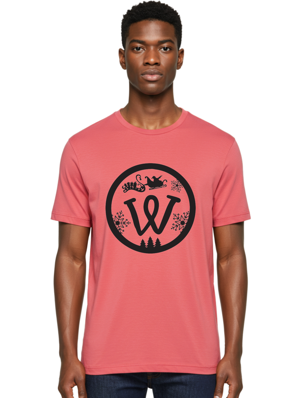 W Men'S Graphic Tee, 100% Cotton, Comfortable Casual Summer Wear, Machine Washable, Christmas Logo, Snowflakes, Christmas Trees, Santa Sleigh, Festive Design, Winter Wonderland, Holiday Graphics, Black And Green Theme Aad284