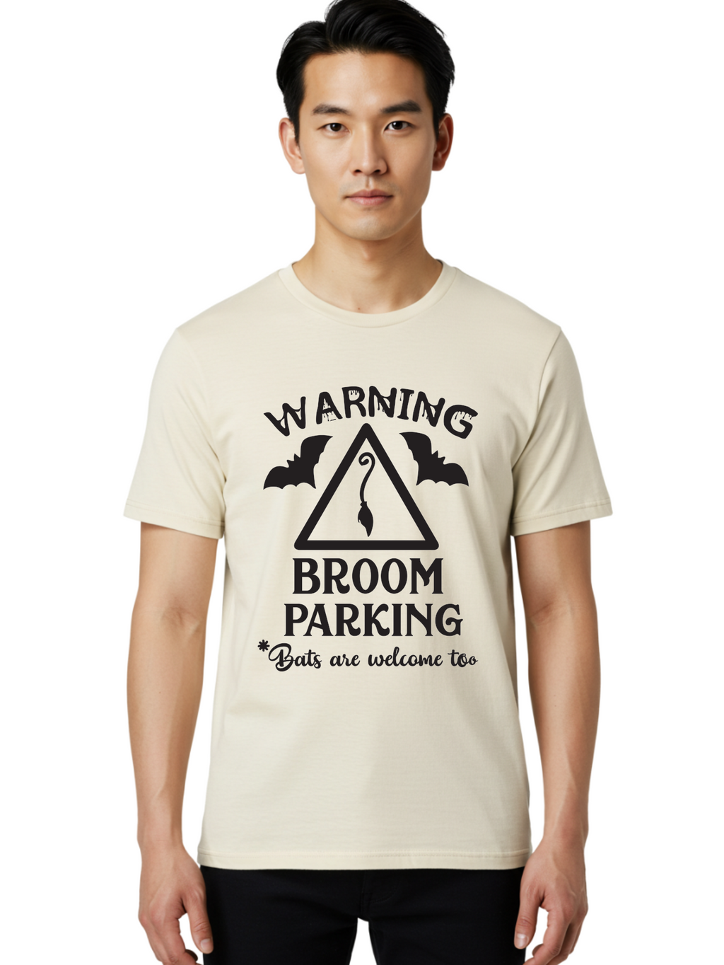 Warning-Broom-Parking Men'S Graphic Tee, 100% Cotton, Comfortable Casual Summer Wear, Machine Washable, Halloween Warning Sign, Broom Parking, Bats Are Welcome, Spooky Decor, Witchy Vibes, Halloween Decorations, Funny Halloween Signs Aad286