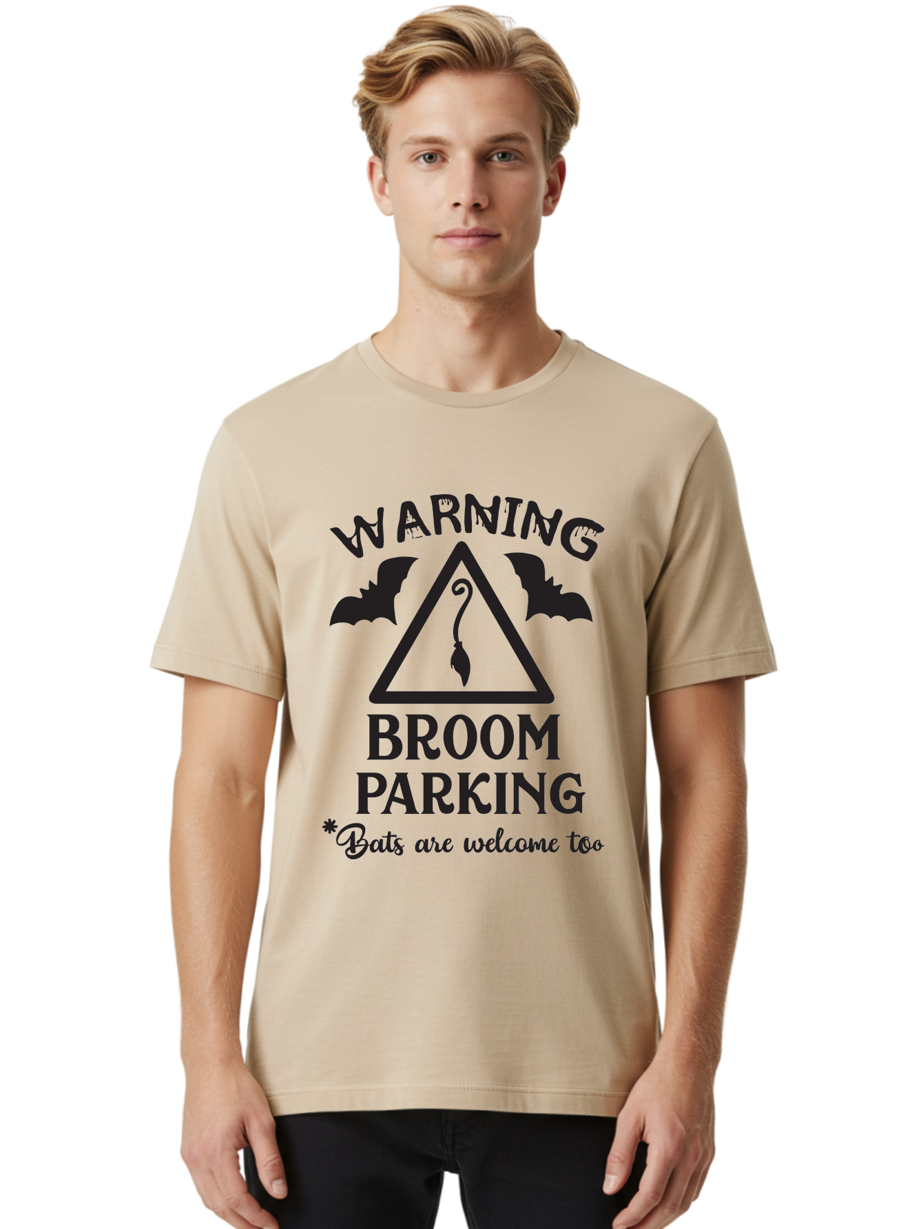 Warning-Broom-Parking Men'S Graphic Tee, 100% Cotton, Comfortable Casual Summer Wear, Machine Washable, Halloween Warning Sign, Broom Parking, Bats Are Welcome, Spooky Decor, Witchy Vibes, Halloween Decorations, Funny Halloween Signs Aad286
