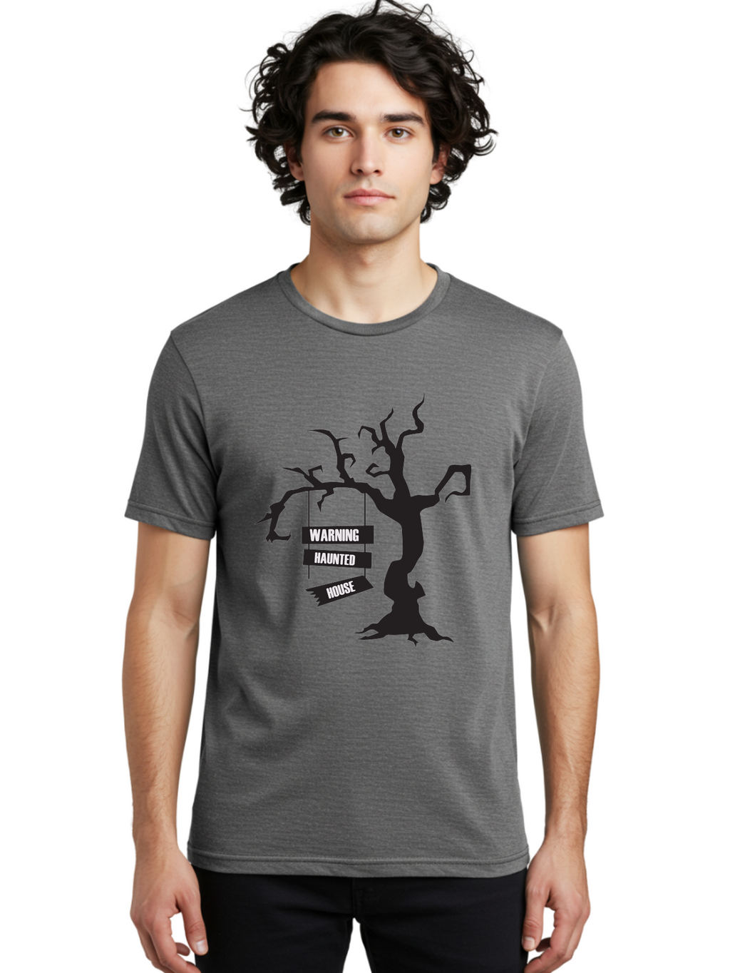 Warning-Haunted-House Men'S Graphic Tee, 100% Cotton, Comfortable Casual Summer Wear, Machine Washable, Haunted House, Spooky Tree, Warning Signs, Halloween Decorations, Scary Silhouettes, Haunted House Signs, Halloween Graphics, Aad287