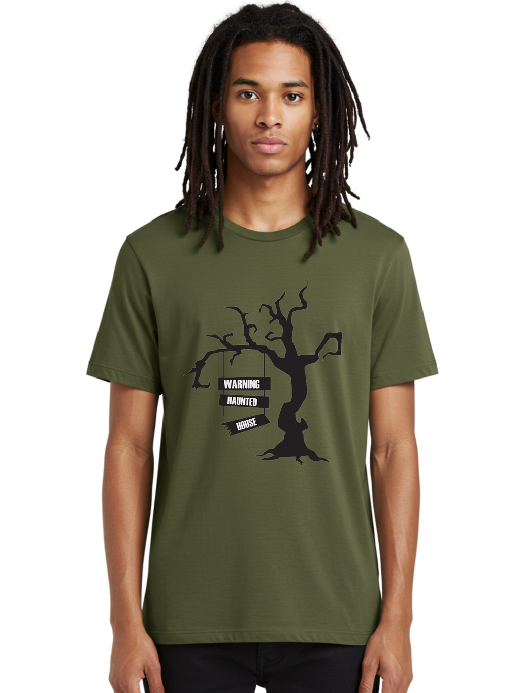 Warning-Haunted-House Men'S Graphic Tee, 100% Cotton, Comfortable Casual Summer Wear, Machine Washable, Haunted House, Spooky Tree, Warning Signs, Halloween Decorations, Scary Silhouettes, Haunted House Signs, Halloween Graphics, Aad287