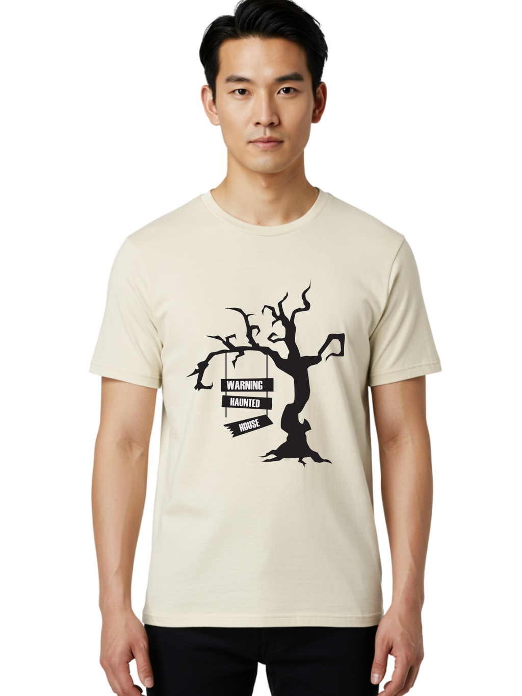 Warning-Haunted-House Men'S Graphic Tee, 100% Cotton, Comfortable Casual Summer Wear, Machine Washable, Haunted House, Spooky Tree, Warning Signs, Halloween Decorations, Scary Silhouettes, Haunted House Signs, Halloween Graphics, Aad287