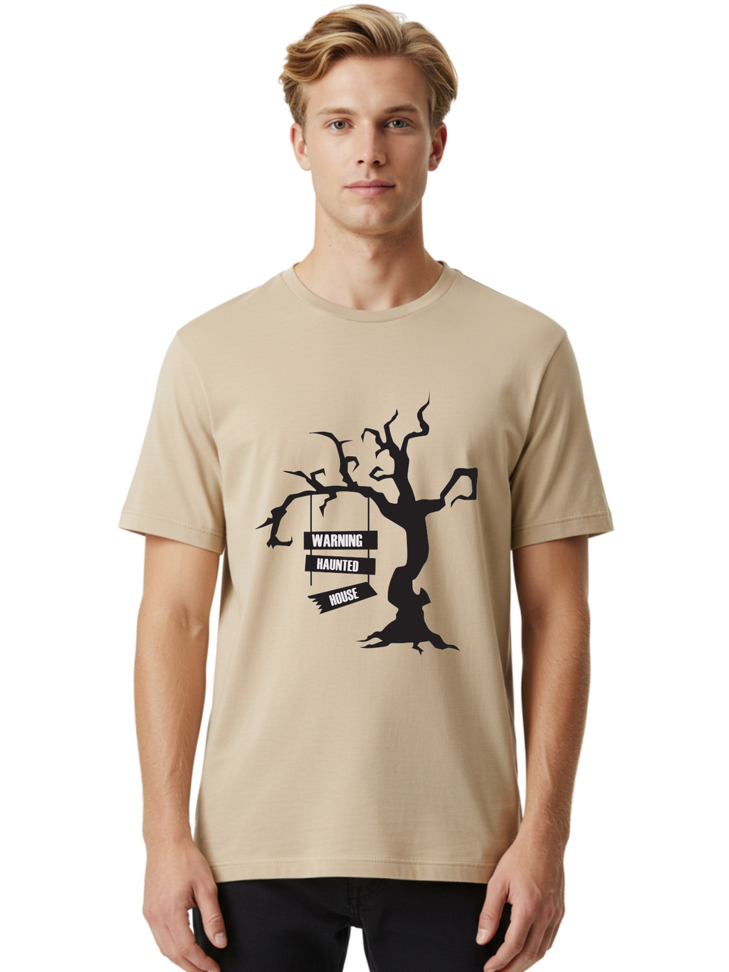 Warning-Haunted-House Men'S Graphic Tee, 100% Cotton, Comfortable Casual Summer Wear, Machine Washable, Haunted House, Spooky Tree, Warning Signs, Halloween Decorations, Scary Silhouettes, Haunted House Signs, Halloween Graphics, Aad287
