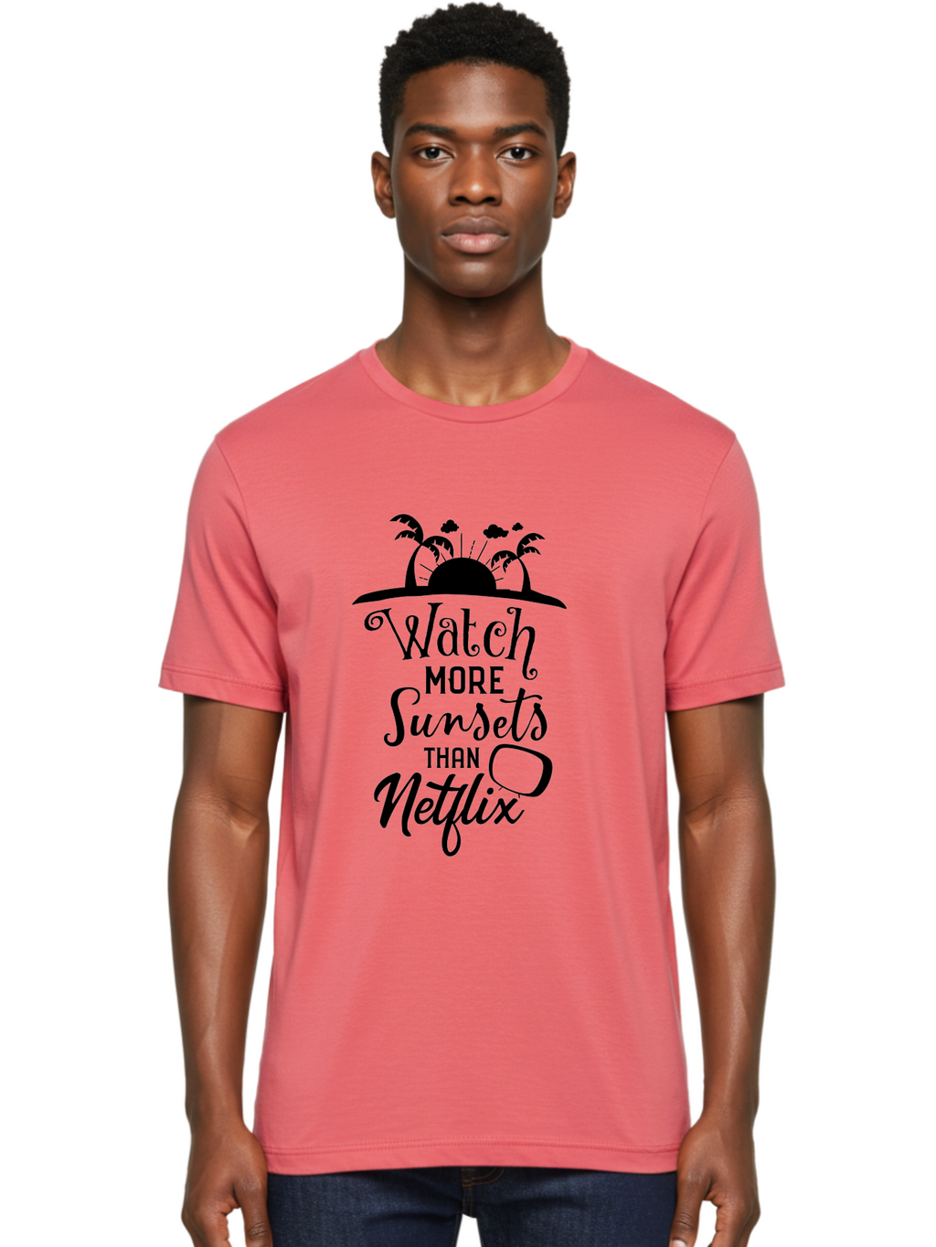 Watch-More-Sunsets-Than-Netflix Men'S Graphic Tee, 100% Cotton, Comfortable Casual Summer Wear, Machine Washable, Tropical Getaway, Sunset Vibes, Paradise Found, Wanderlust, Travel Inspiration, Netflix Alternative, Outdoor Adventures, Aad289