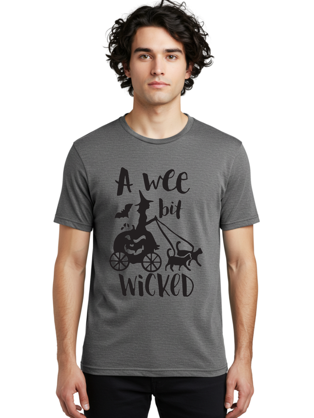Wee-Bit-Wicked Men'S Graphic Tee, 100% Cotton, Comfortable Casual Summer Wear, Machine Washable, Witch Riding Pumpkin Cart, Black Cats, Bats, Halloween Silhouette, Spooky Scene, Halloween Decorations, Witchy Vibes, Jack-O-Lantern, Aad293