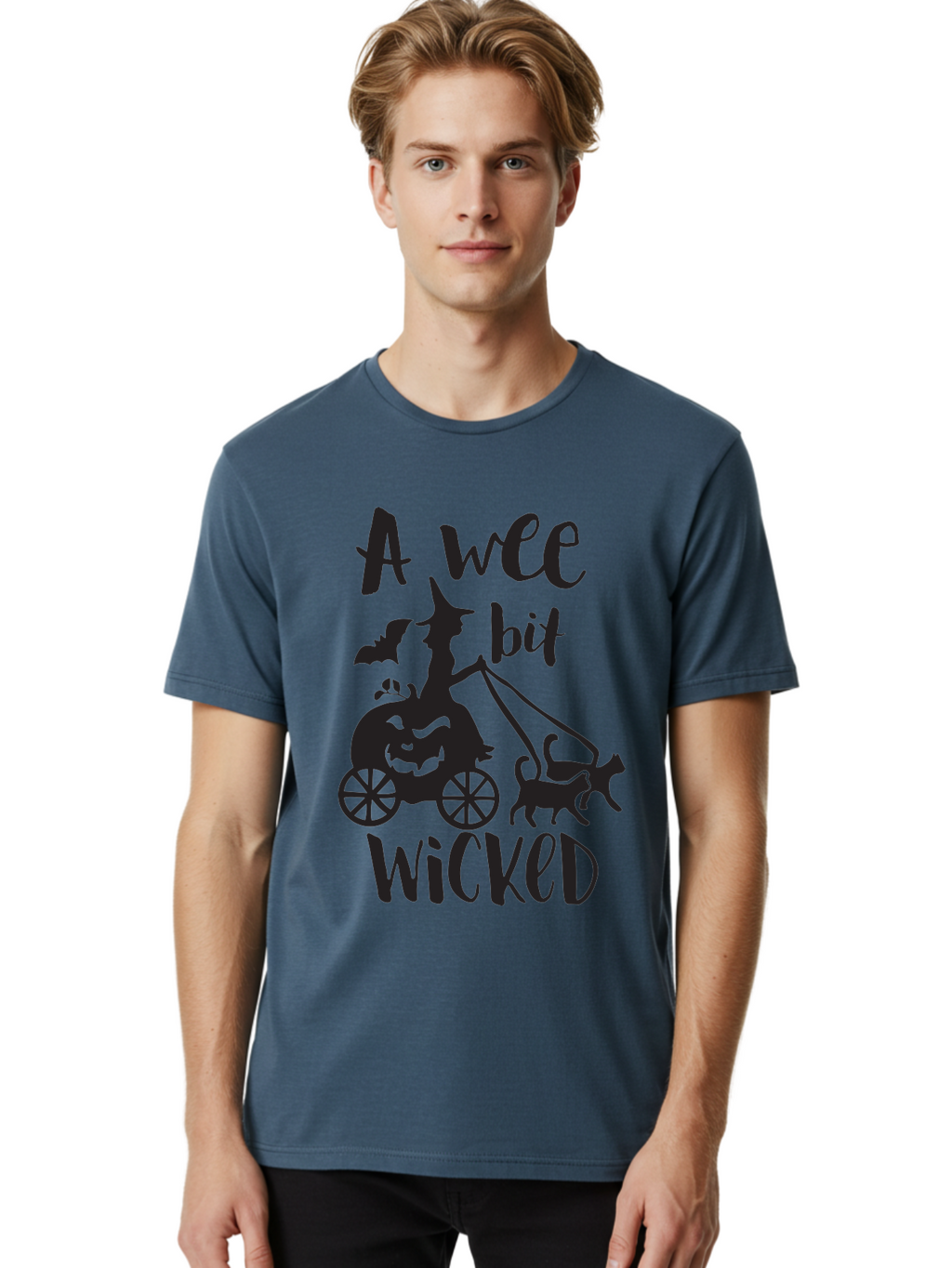 Wee-Bit-Wicked Men'S Graphic Tee, 100% Cotton, Comfortable Casual Summer Wear, Machine Washable, Witch Riding Pumpkin Cart, Black Cats, Bats, Halloween Silhouette, Spooky Scene, Halloween Decorations, Witchy Vibes, Jack-O-Lantern, Aad293