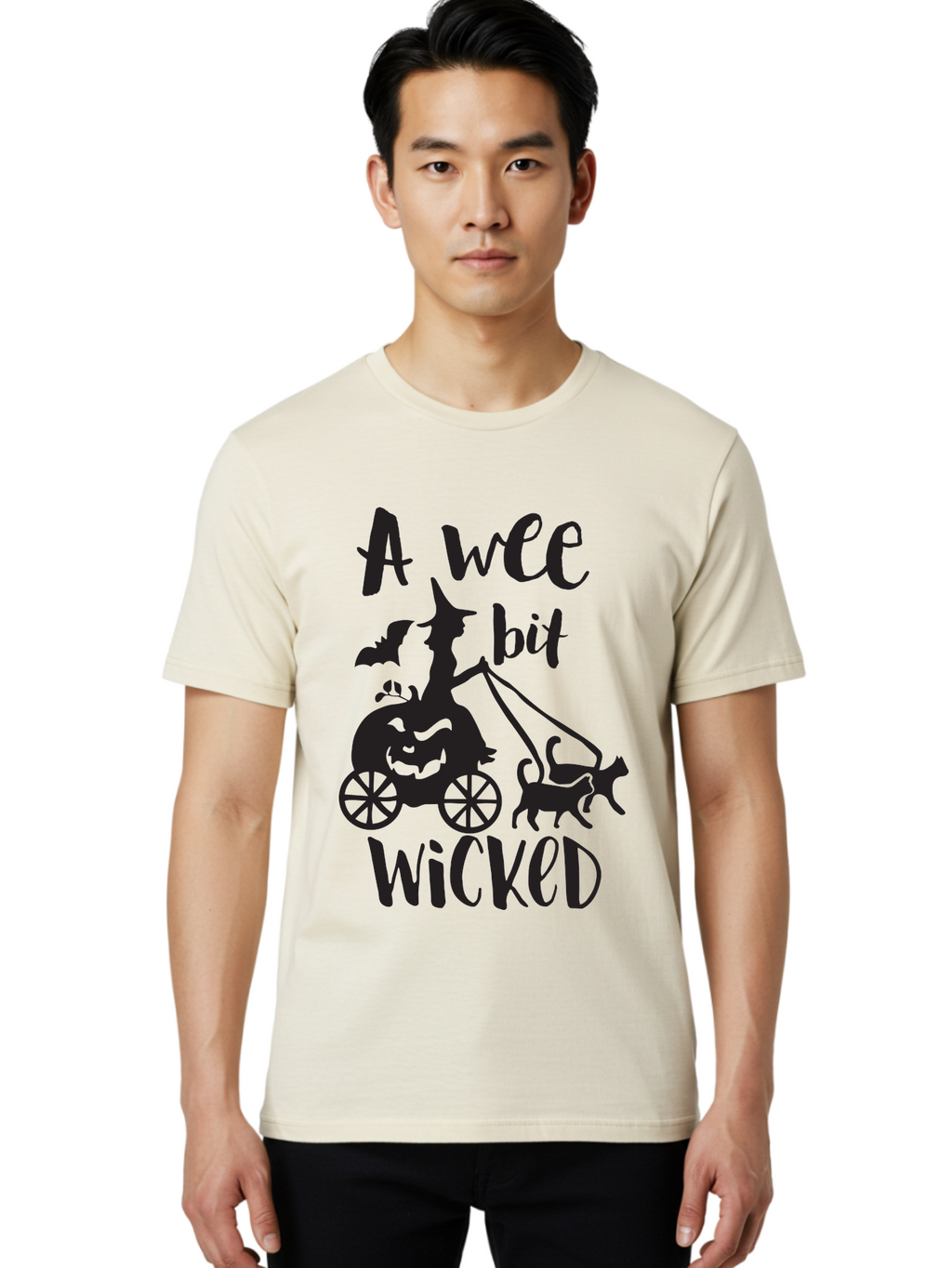 Wee-Bit-Wicked Men'S Graphic Tee, 100% Cotton, Comfortable Casual Summer Wear, Machine Washable, Witch Riding Pumpkin Cart, Black Cats, Bats, Halloween Silhouette, Spooky Scene, Halloween Decorations, Witchy Vibes, Jack-O-Lantern, Aad293