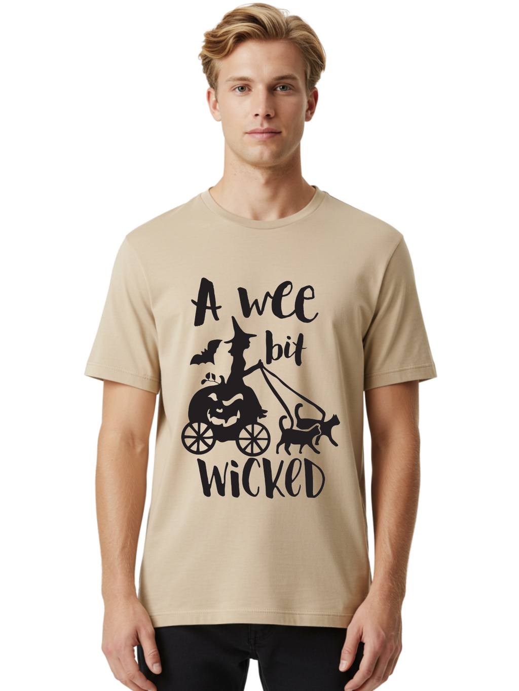 Wee-Bit-Wicked Men'S Graphic Tee, 100% Cotton, Comfortable Casual Summer Wear, Machine Washable, Witch Riding Pumpkin Cart, Black Cats, Bats, Halloween Silhouette, Spooky Scene, Halloween Decorations, Witchy Vibes, Jack-O-Lantern, Aad293