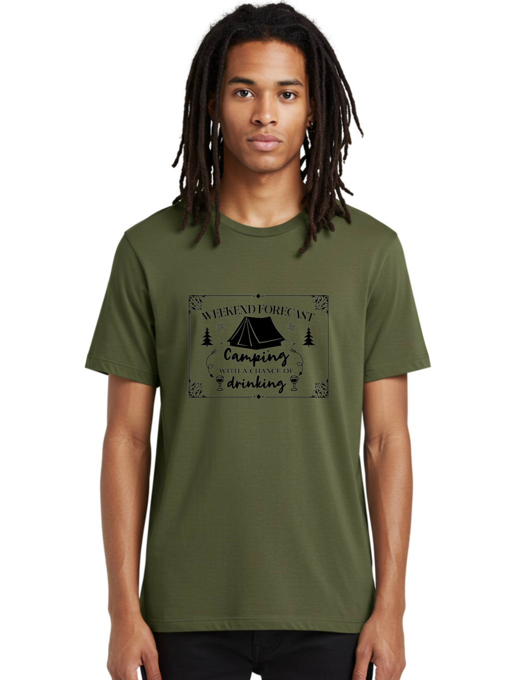 Weekend-Forecast Men'S Graphic Tee, 100% Cotton, Comfortable Casual Summer Wear, Machine Washable, Camping Trip, Weekend Getaway, Outdoor Adventure, Wine Glasses, Forest Scenery, Camping Tent, Stars, Nature Escape, Relaxation, Fun Times Aad295