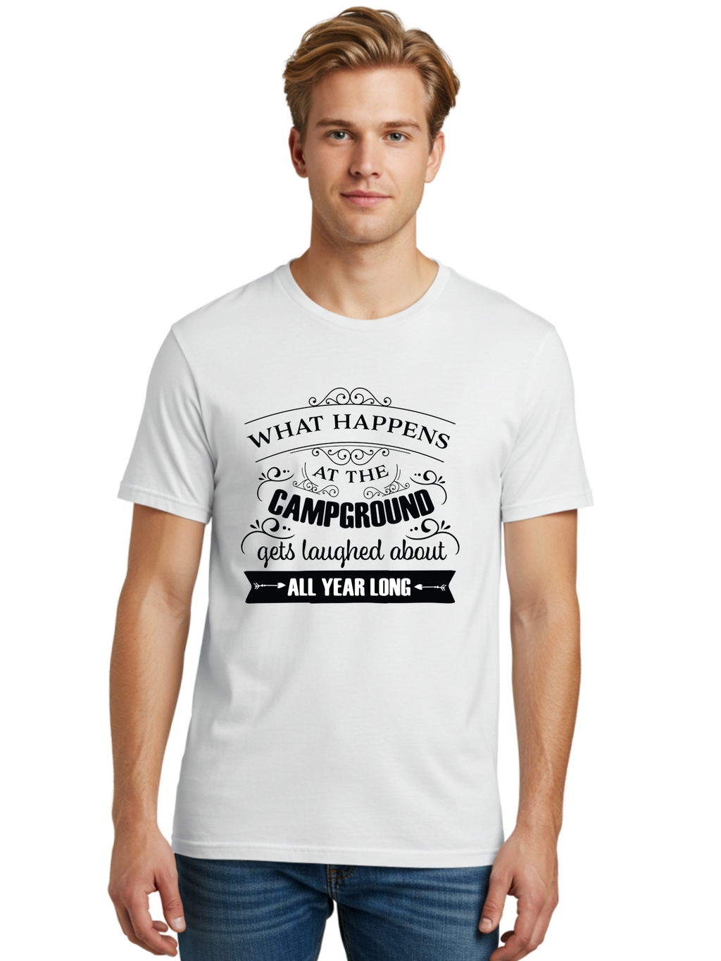 What-Happens-At-The-Campground Men'S Graphic Tee, 100% Cotton, Comfortable Casual Summer Wear, Machine Washable, Camping Funny, Humor Quotes, Outdoorsy Vibe, Camping Adventures, Outdoor Humor, Funny Sayings About Camping, Camping Jokes, Aad298