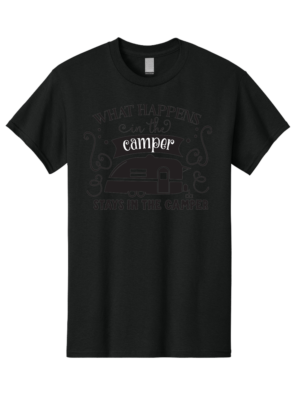 What-Happens-In-The-Camper Men'S Graphic Tee, 100% Cotton, Comfortable Casual Summer Wear, Machine Washable, Camper Trailer, Travel Trailer, Camping Humor, Funny Camping Quotes, Glamping, Outdoor Adventure, Camping Life, Rv Living, Aad299
