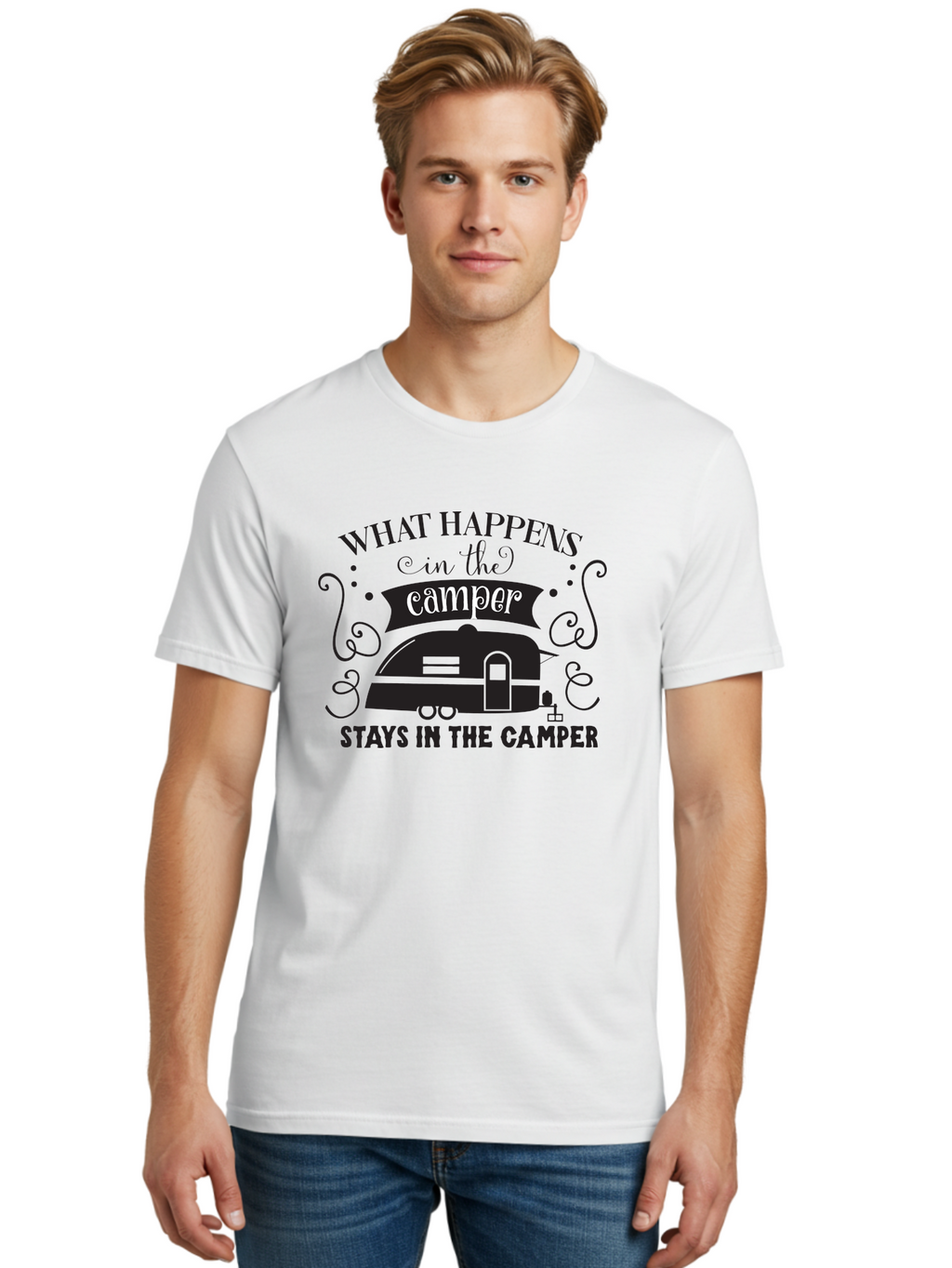 What-Happens-In-The-Camper Men'S Graphic Tee, 100% Cotton, Comfortable Casual Summer Wear, Machine Washable, Camper Trailer, Travel Trailer, Camping Humor, Funny Camping Quotes, Glamping, Outdoor Adventure, Camping Life, Rv Living, Aad299