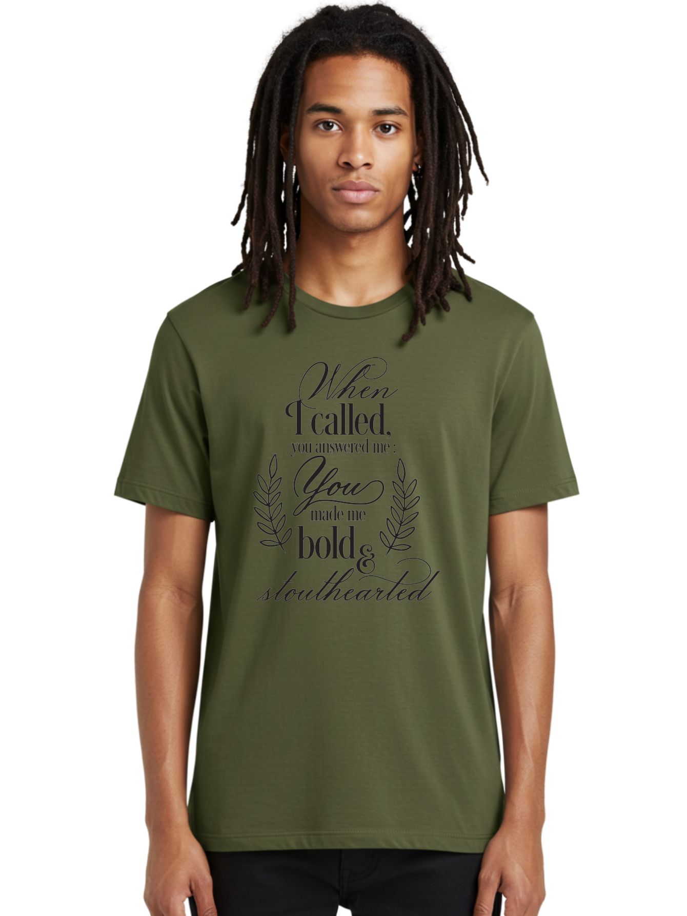 When-I-Called-You-Answered-Me Men'S Graphic Tee, 100% Cotton, Comfortable Casual Summer Wear, Machine Washable, Inspirational Quotes, Motivational Phrases, Bold And Stouthearted, Call And Answer, Laurel Wreath, Spiritual Empowerment, Aad303