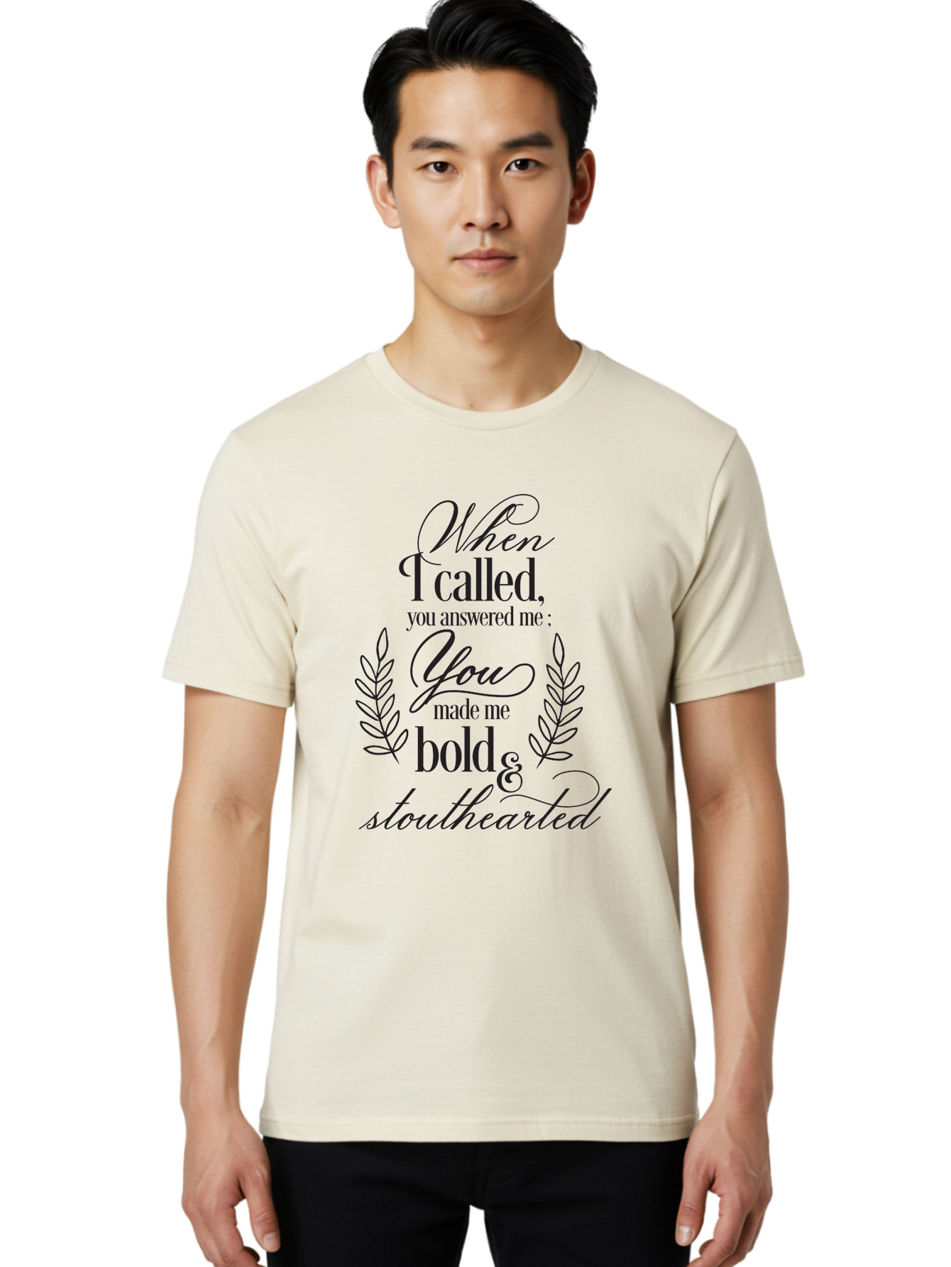 When-I-Called-You-Answered-Me Men'S Graphic Tee, 100% Cotton, Comfortable Casual Summer Wear, Machine Washable, Inspirational Quotes, Motivational Phrases, Bold And Stouthearted, Call And Answer, Laurel Wreath, Spiritual Empowerment, Aad303