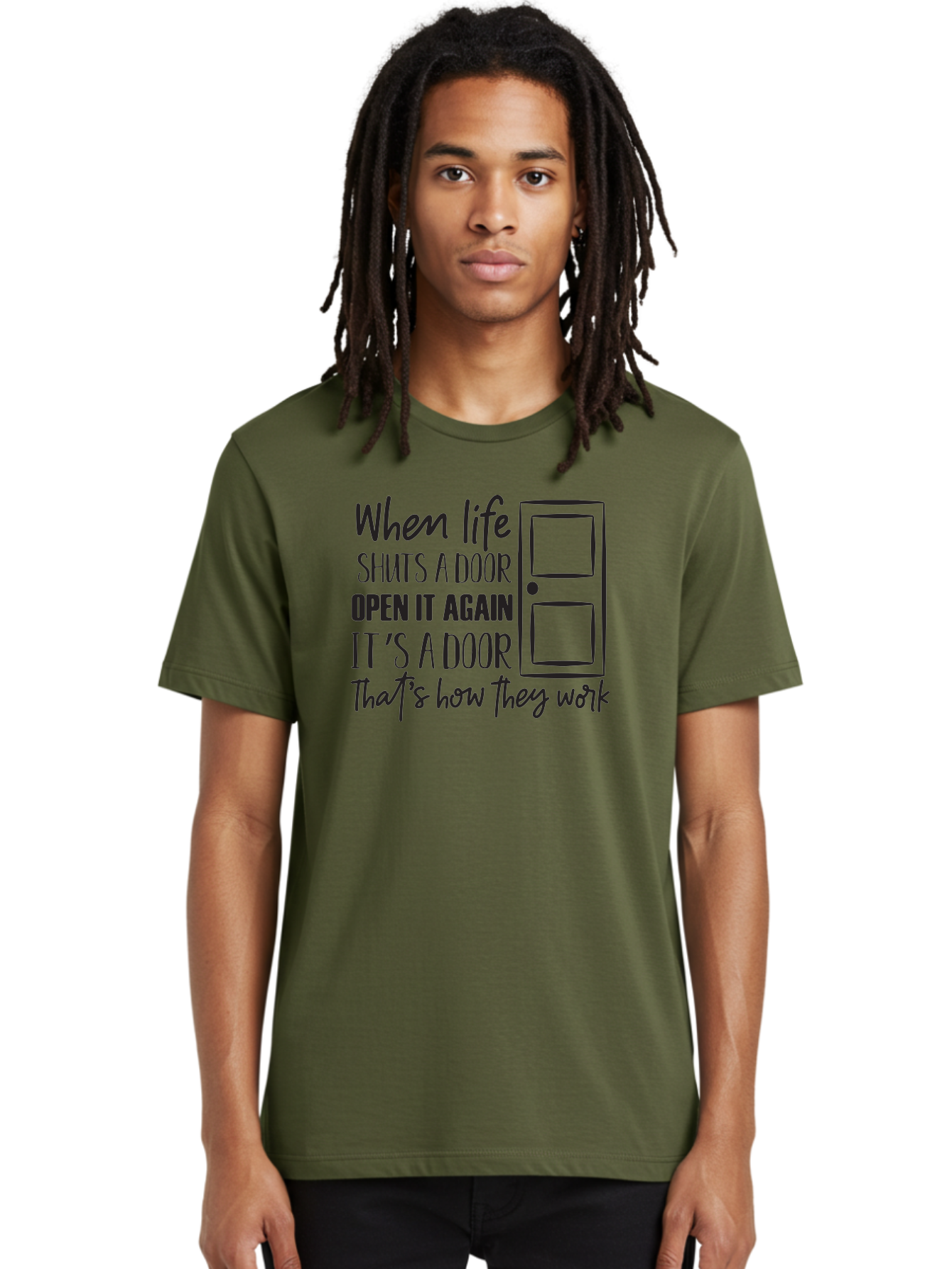 When-Life-Shuts-Door Men'S Graphic Tee, 100% Cotton, Comfortable Casual Summer Wear, Machine Washable, Inspirational Quote, Motivational Phrase, Door Illustration, New Opportunities, Positivity, Resilience, Perseverance, Success Aad307