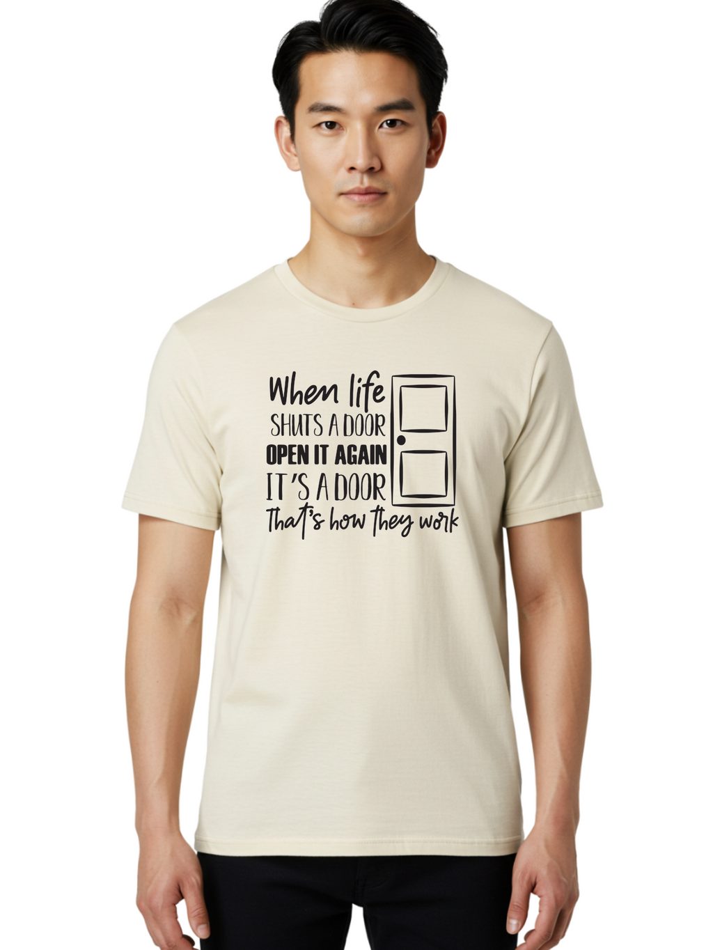 When-Life-Shuts-Door Men'S Graphic Tee, 100% Cotton, Comfortable Casual Summer Wear, Machine Washable, Inspirational Quote, Motivational Phrase, Door Illustration, New Opportunities, Positivity, Resilience, Perseverance, Success Aad307