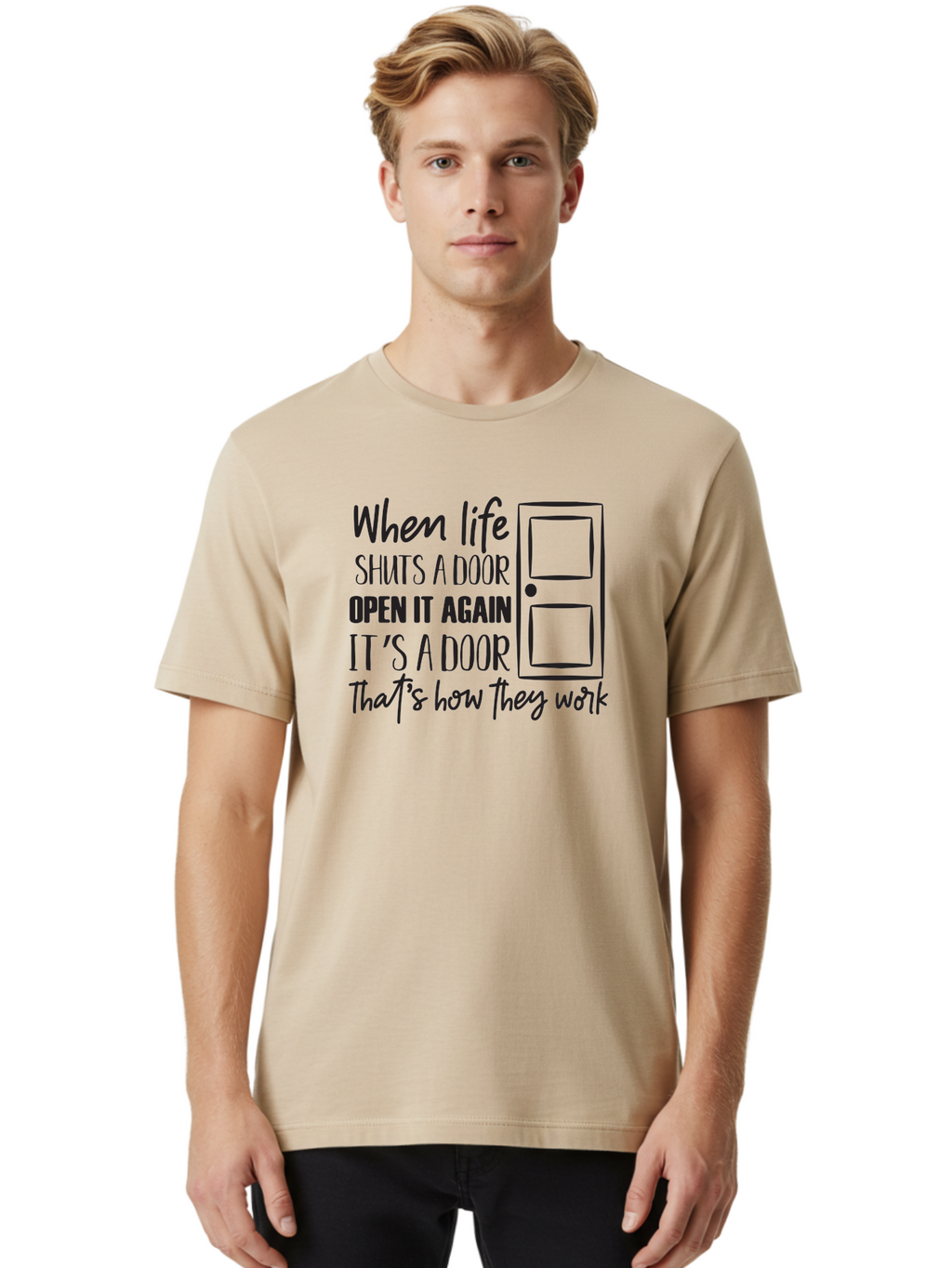 When-Life-Shuts-Door Men'S Graphic Tee, 100% Cotton, Comfortable Casual Summer Wear, Machine Washable, Inspirational Quote, Motivational Phrase, Door Illustration, New Opportunities, Positivity, Resilience, Perseverance, Success Aad307