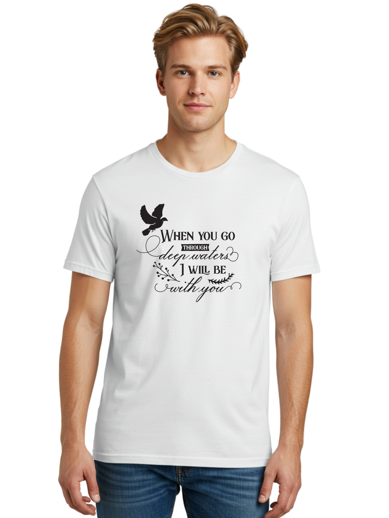 When-You-Go-Through-Deep-Waters-I-Will-Be-With-You Men'S Graphic Tee, 100% Cotton, Comfortable Casual Summer Wear, Machine Washable, Inspirational Quote, Motivational Words, Biblical Phrase, When You Go Through Deep Waters I Will Be With You, Aad308