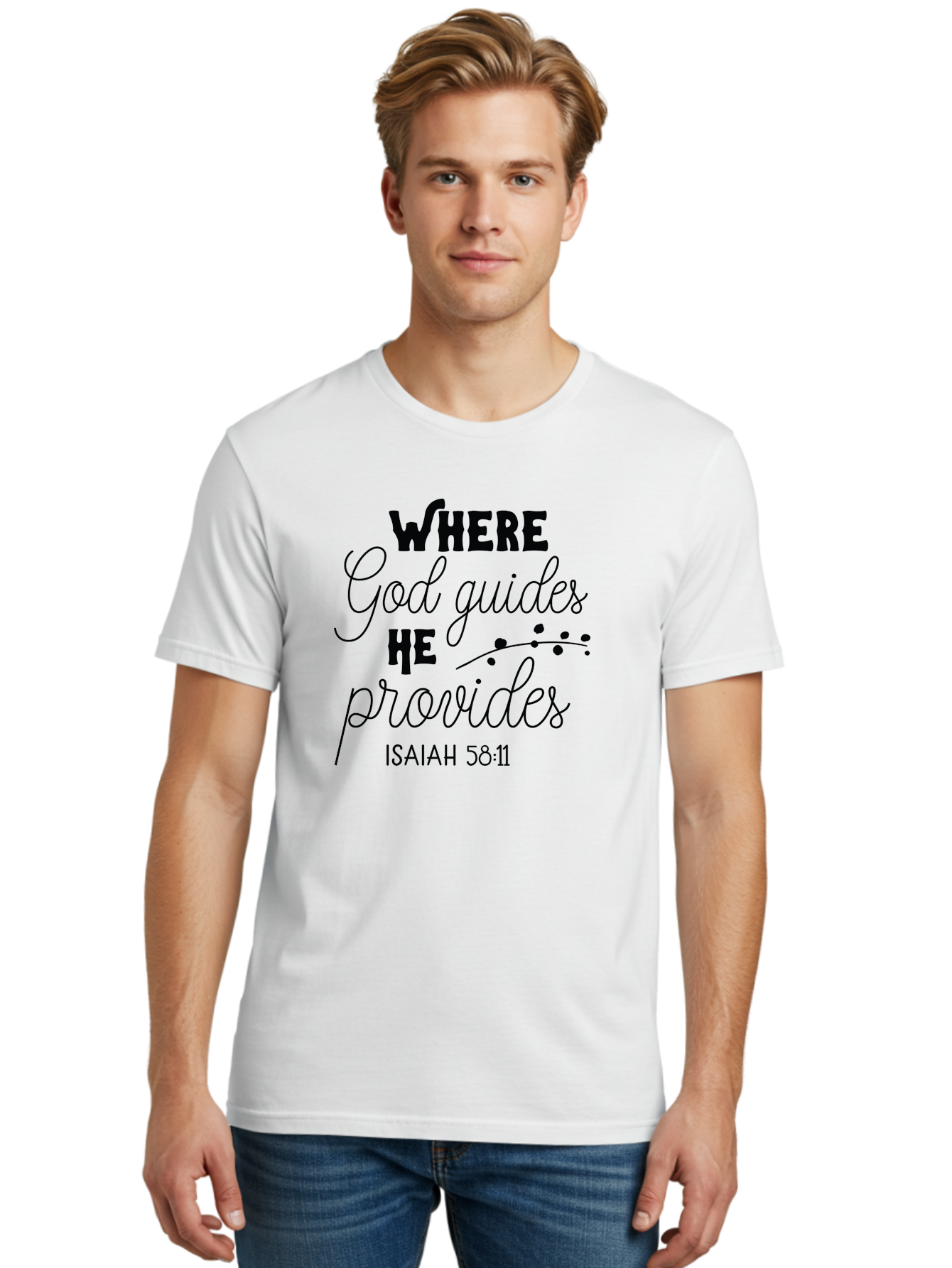 Where-God-Guides-He-Provides-1 Men'S Graphic Tee, 100% Cotton, Comfortable Casual Summer Wear, Machine Washable, Inspirational Quote, Isaiah 58:11, Bible Verse, Christian Faith, Motivation, Guidance, Provision, Spiritual Growth, Hope, Aad309
