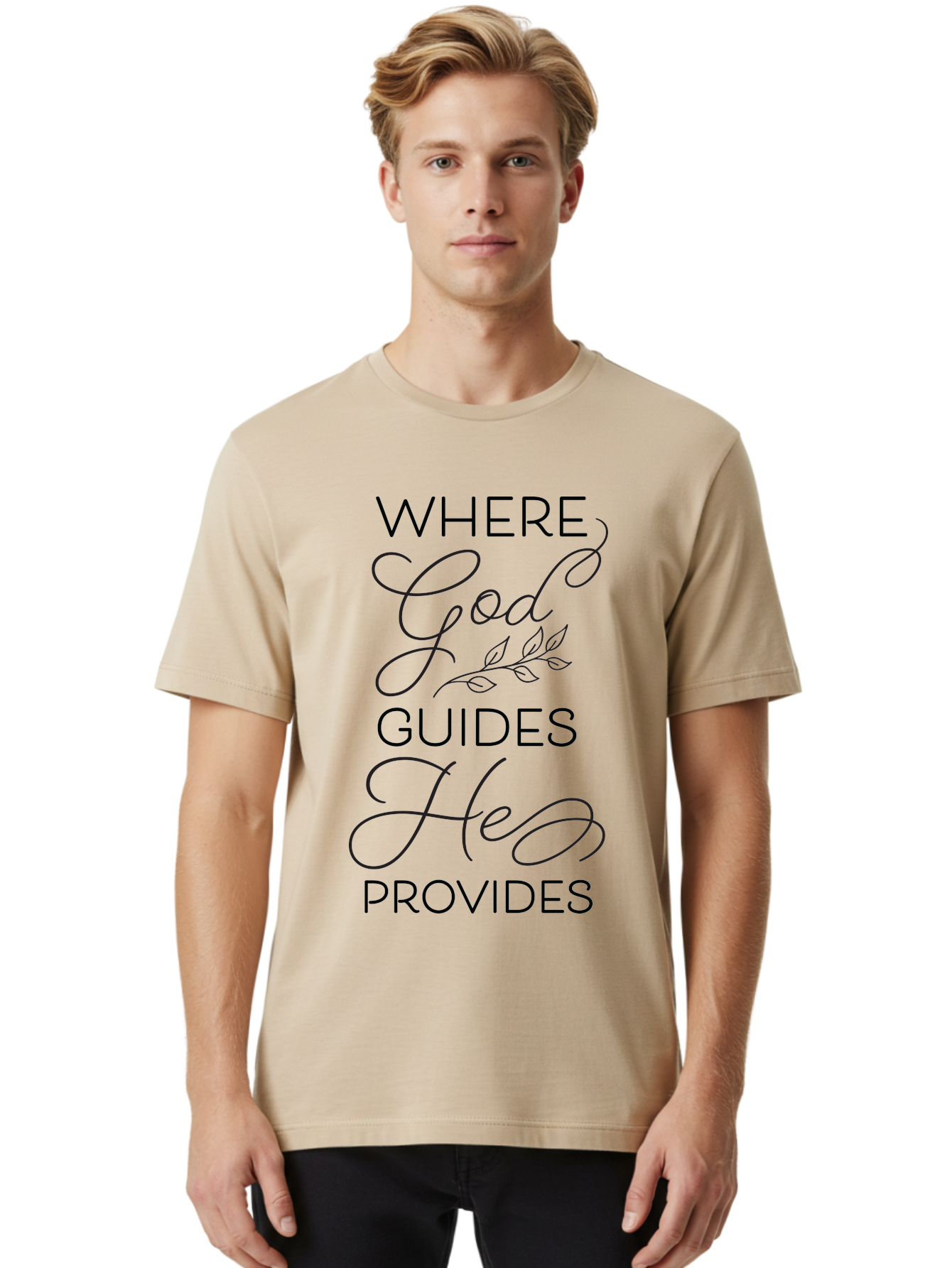 Where-God-Guides-He-Provides Men'S Graphic Tee, 100% Cotton, Comfortable Casual Summer Wear, Machine Washable, Inspirational Quote, Faith-Based Design, Religious Art, Motivational Words, Spiritual Guidance, Trust In God, Hope And Faith Aad310