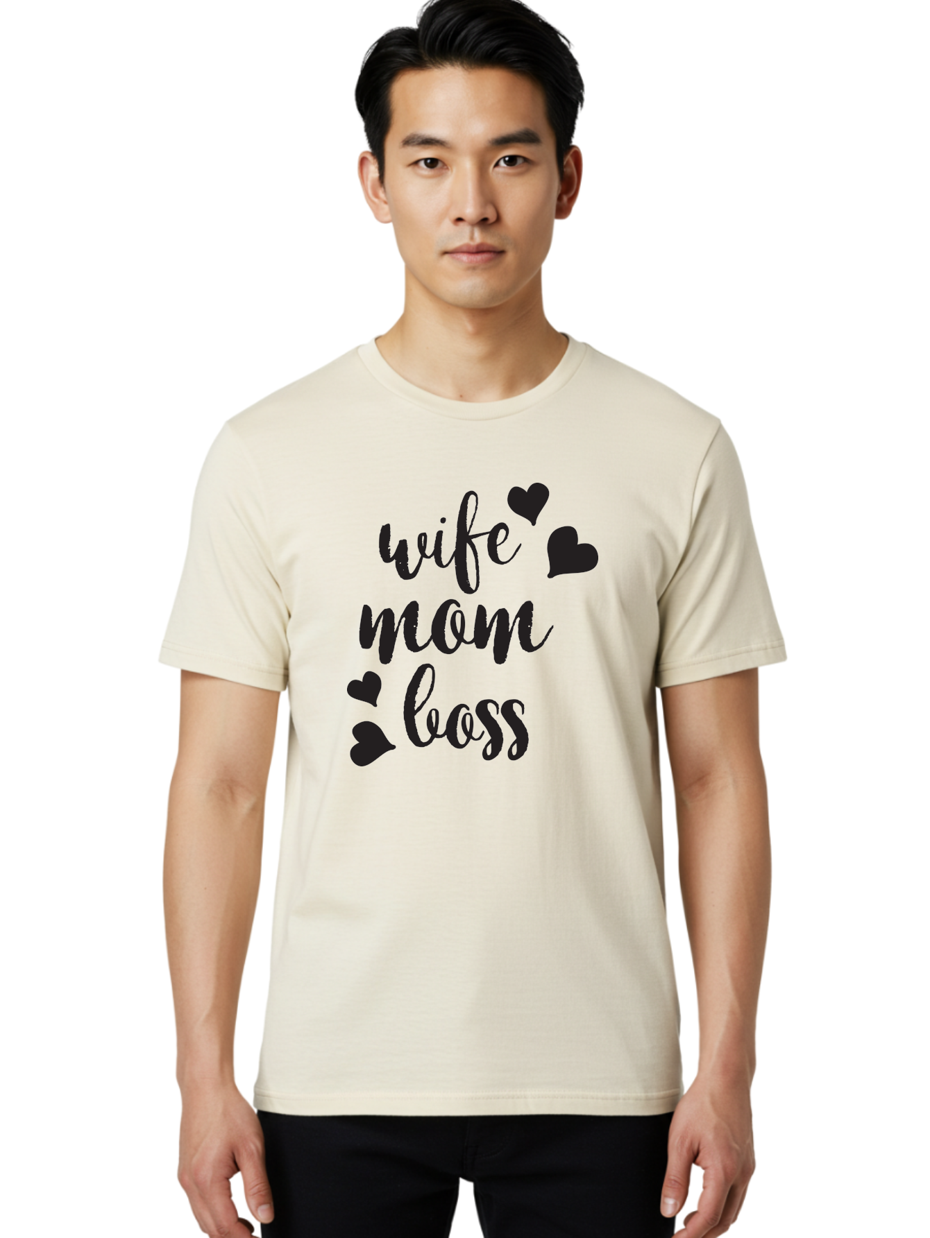 Wife-Mom-Boss Men'S Graphic Tee, 100% Cotton, Comfortable Casual Summer Wear, Machine Washable, Wife Mom Boss, Inspirational Quotes, Motivational Sayings, Empowering Women, Girl Power, Black Lettering, Heart Graphics, Modern Calligraphy Aad312