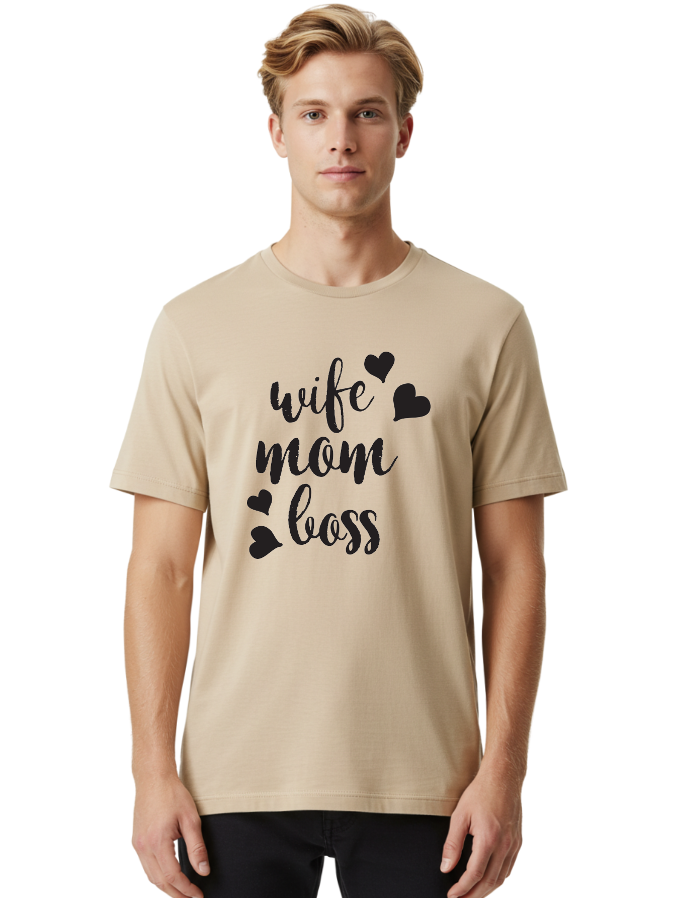 Wife-Mom-Boss Men'S Graphic Tee, 100% Cotton, Comfortable Casual Summer Wear, Machine Washable, Wife Mom Boss, Inspirational Quotes, Motivational Sayings, Empowering Women, Girl Power, Black Lettering, Heart Graphics, Modern Calligraphy Aad312