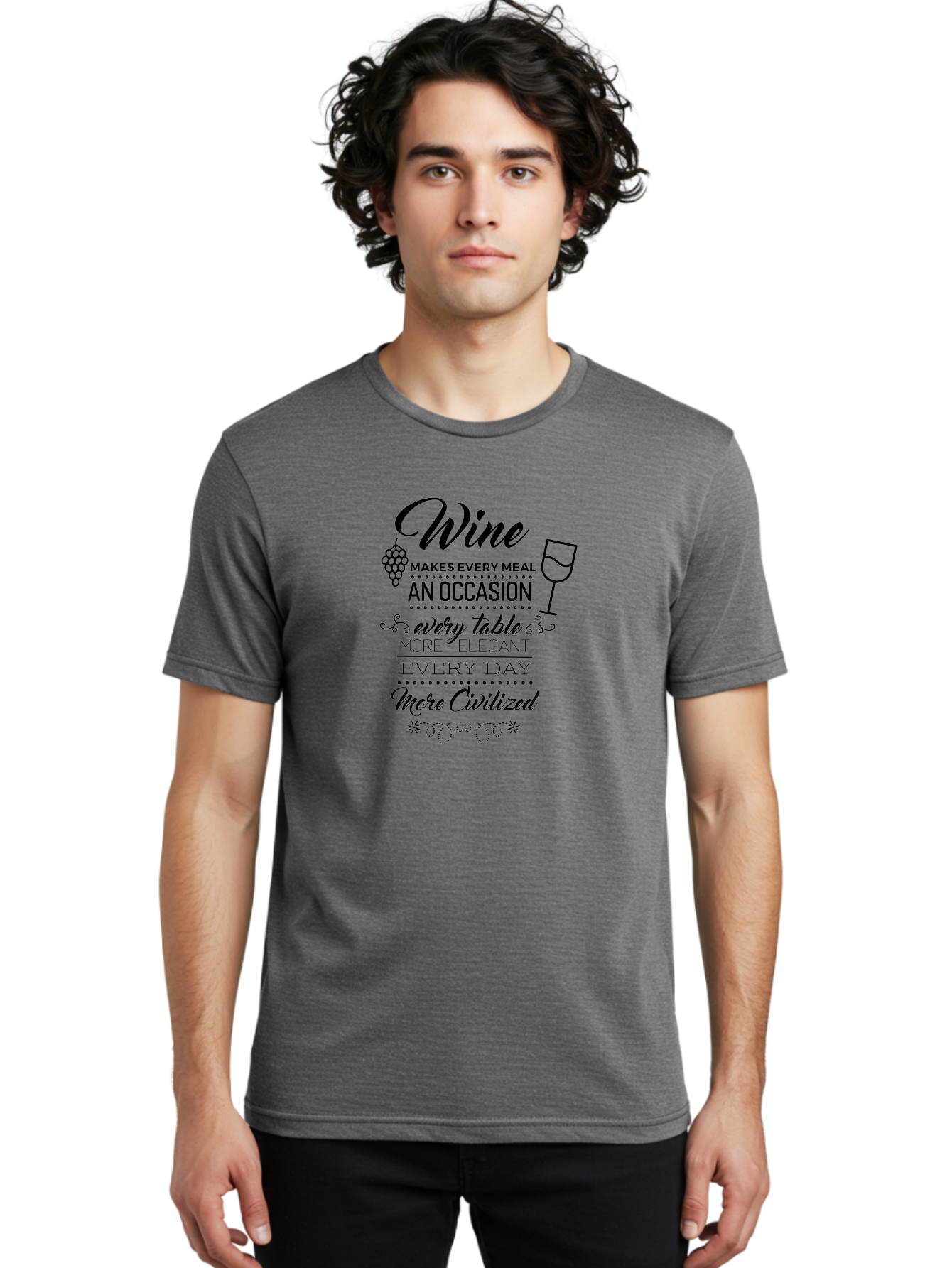 Wine-Makes-Every-Meal Men'S Graphic Tee, 100% Cotton, Comfortable Casual Summer Wear, Machine Washable, Wine Quote, Elegant Table Setting, Fine Dining, Wine And Grapes, Sophisticated Atmosphere, Luxury Lifestyle, Dinner Party, Wine Enthusiasts Aad314