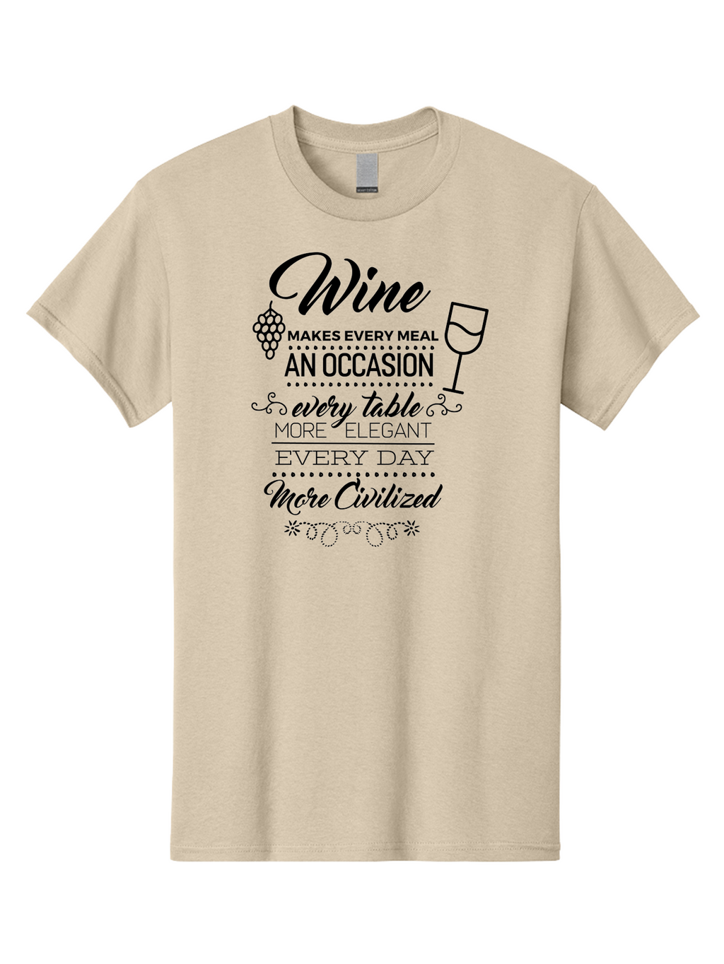 Wine-Makes-Every-Meal Men'S Graphic Tee, 100% Cotton, Comfortable Casual Summer Wear, Machine Washable, Wine Quote, Elegant Table Setting, Fine Dining, Wine And Grapes, Sophisticated Atmosphere, Luxury Lifestyle, Dinner Party, Wine Enthusiasts Aad314