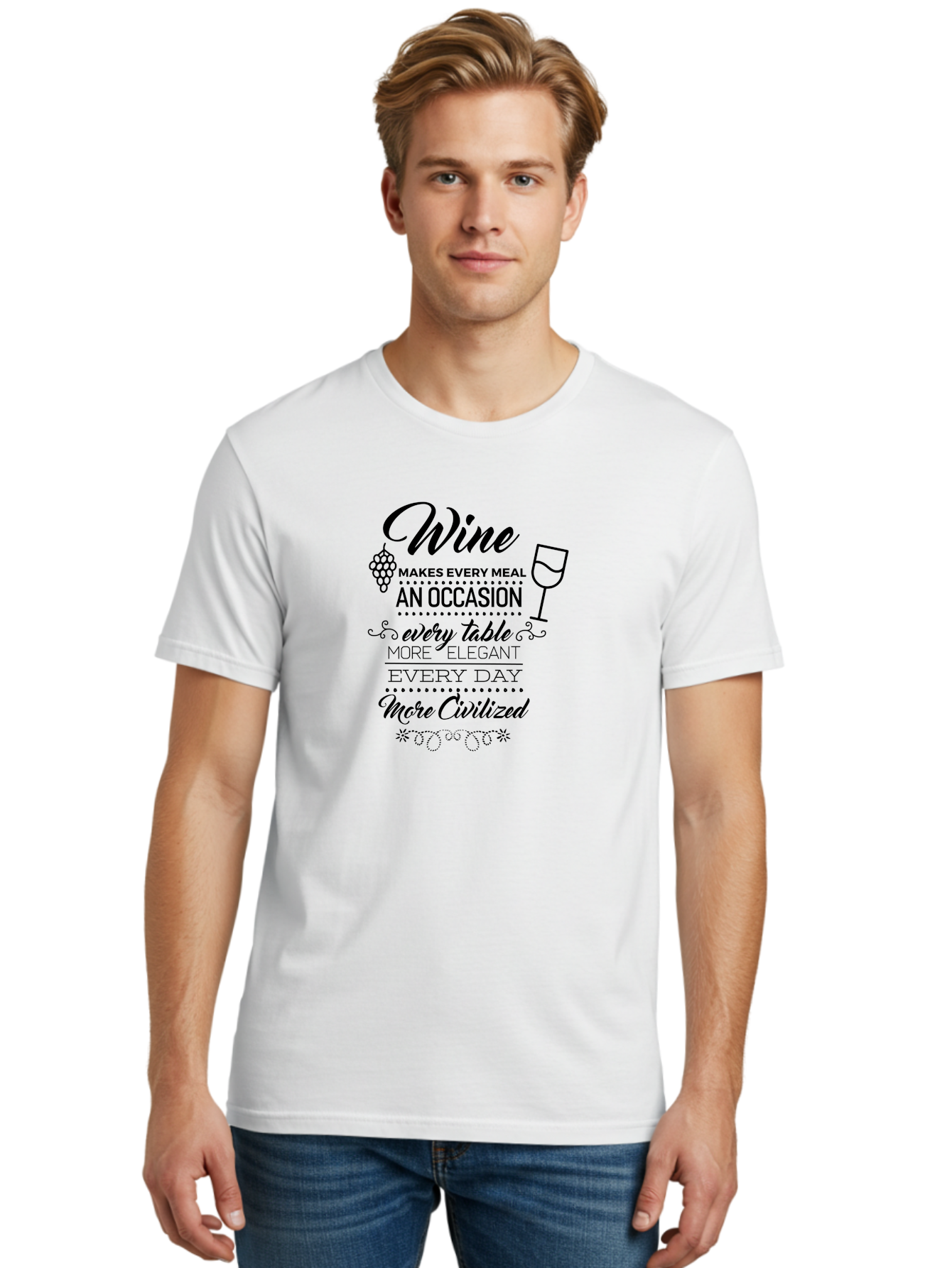 Wine-Makes-Every-Meal Men'S Graphic Tee, 100% Cotton, Comfortable Casual Summer Wear, Machine Washable, Wine Quote, Elegant Table Setting, Fine Dining, Wine And Grapes, Sophisticated Atmosphere, Luxury Lifestyle, Dinner Party, Wine Enthusiasts Aad314