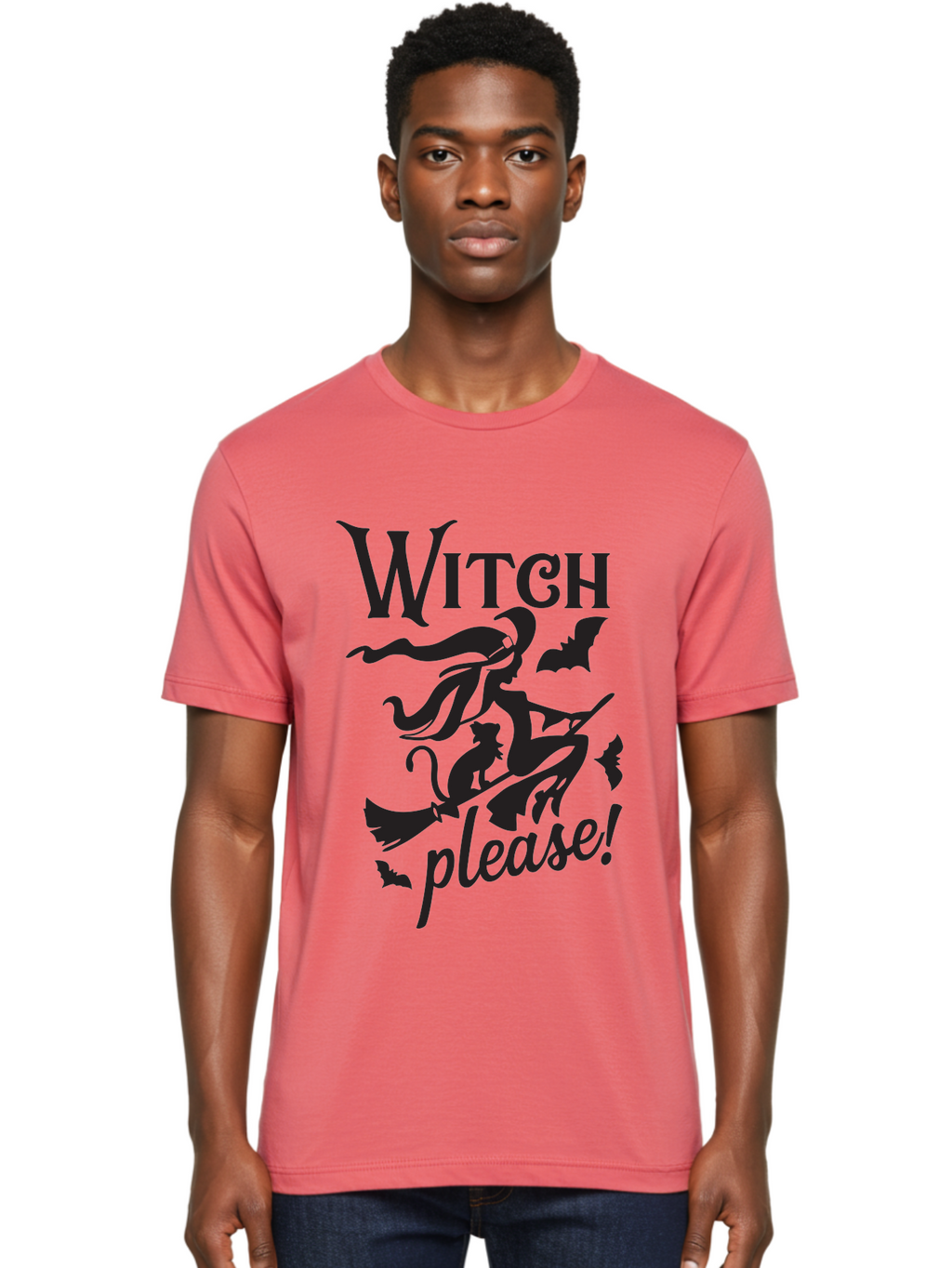 Witch-Please Men'S Graphic Tee, 100% Cotton, Comfortable Casual Summer Wear, Machine Washable, Witch Flying On Broomstick, Black Cat, Bats, Halloween Theme, Mystical, Magical, Spooky Atmosphere, Witchy Vibes, Gothic, Cursive Text Aad315