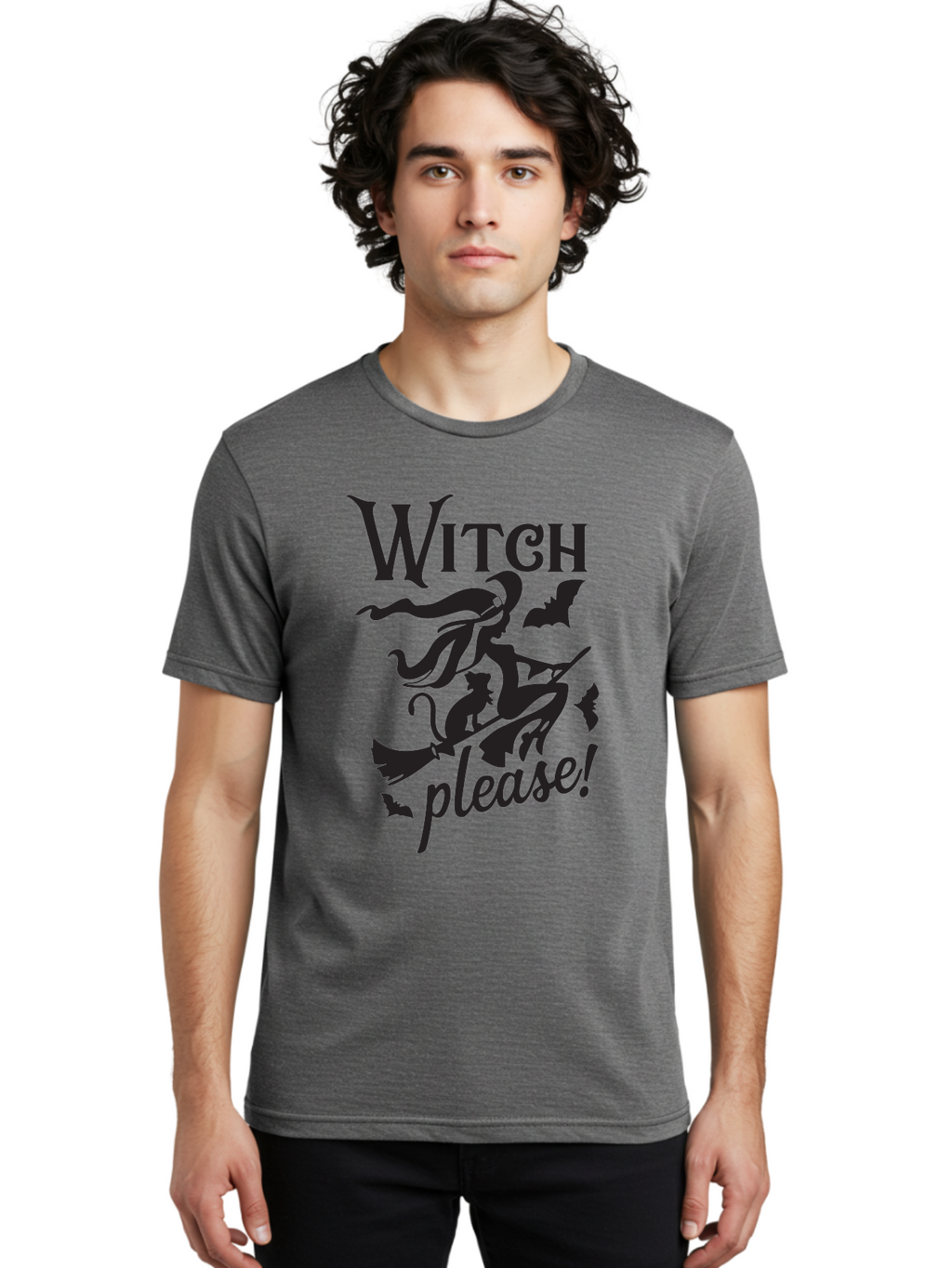 Witch-Please Men'S Graphic Tee, 100% Cotton, Comfortable Casual Summer Wear, Machine Washable, Witch Flying On Broomstick, Black Cat, Bats, Halloween Theme, Mystical, Magical, Spooky Atmosphere, Witchy Vibes, Gothic, Cursive Text Aad315