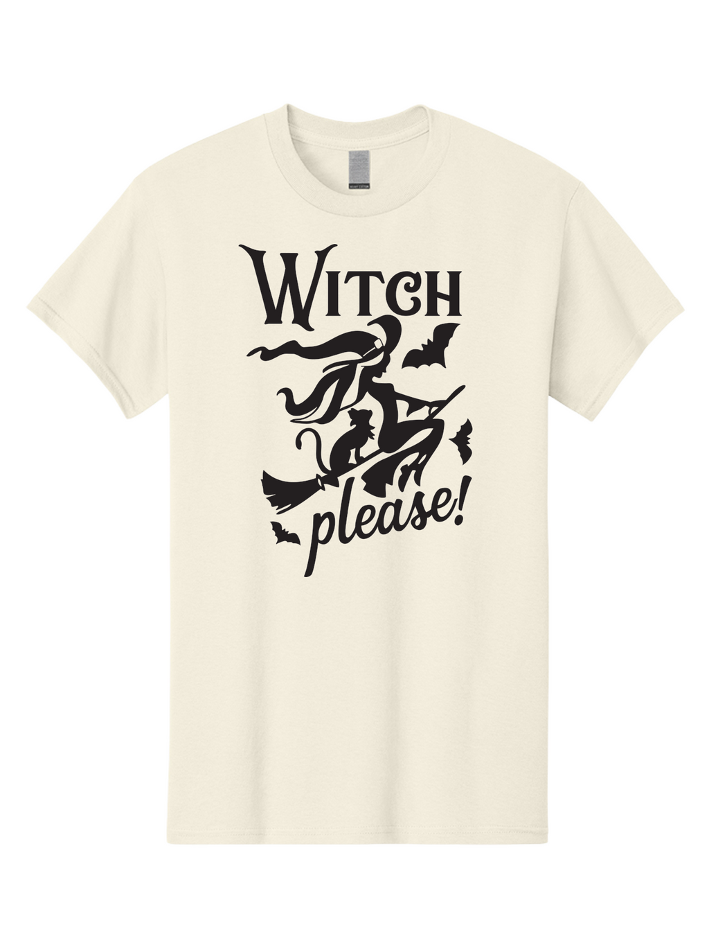 Witch-Please Men'S Graphic Tee, 100% Cotton, Comfortable Casual Summer Wear, Machine Washable, Witch Flying On Broomstick, Black Cat, Bats, Halloween Theme, Mystical, Magical, Spooky Atmosphere, Witchy Vibes, Gothic, Cursive Text Aad315