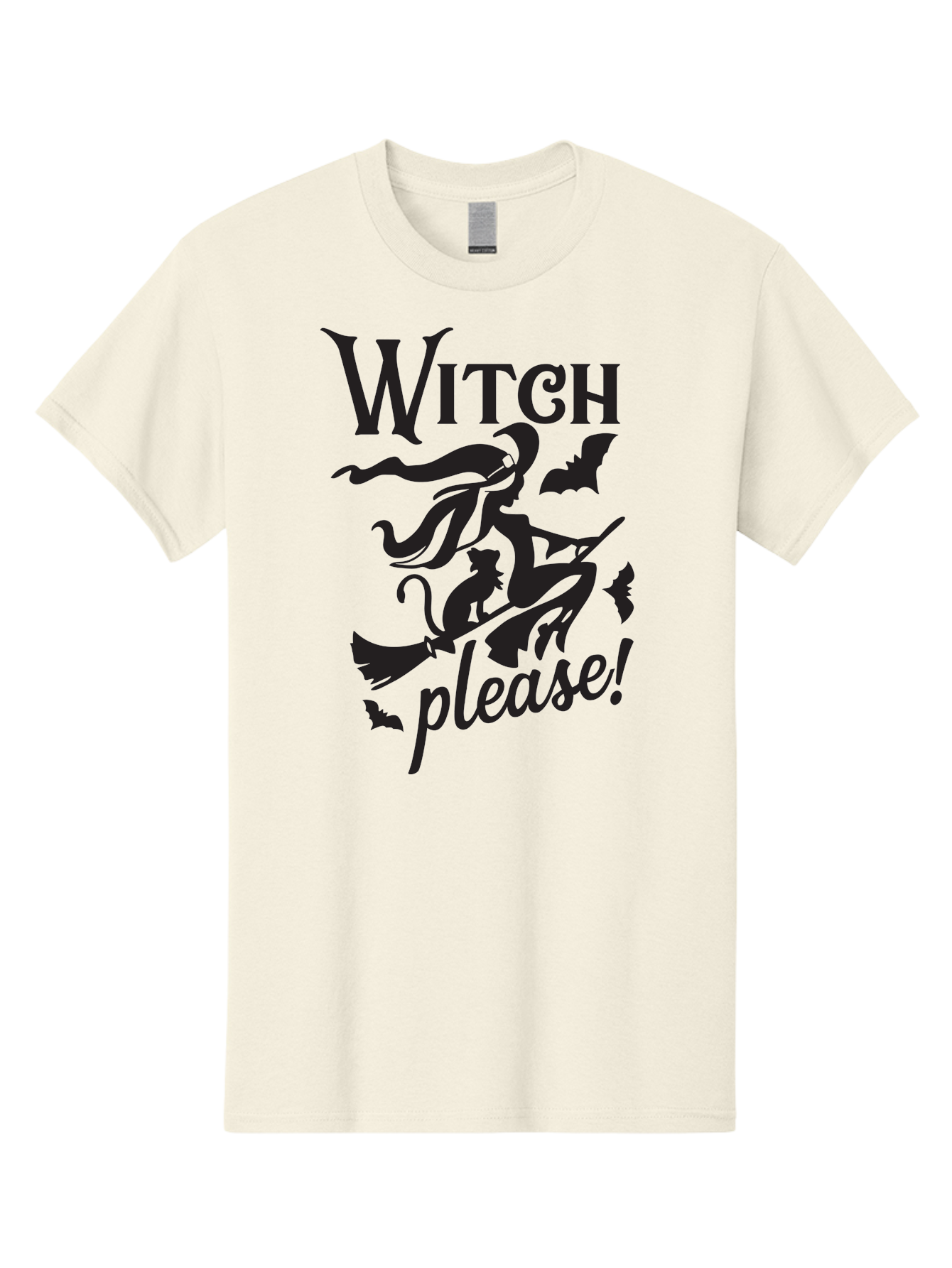 Witch-Please Men'S Graphic Tee, 100% Cotton, Comfortable Casual Summer Wear, Machine Washable, Witch Flying On Broomstick, Black Cat, Bats, Halloween Theme, Mystical, Magical, Spooky Atmosphere, Witchy Vibes, Gothic, Cursive Text Aad315