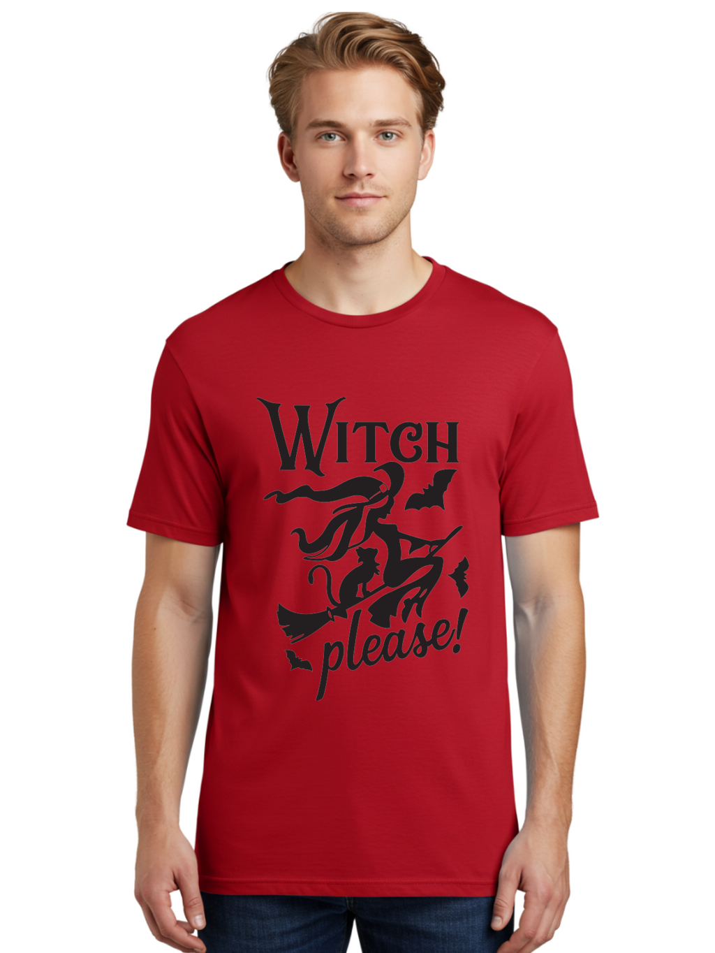 Witch-Please Men'S Graphic Tee, 100% Cotton, Comfortable Casual Summer Wear, Machine Washable, Witch Flying On Broomstick, Black Cat, Bats, Halloween Theme, Mystical, Magical, Spooky Atmosphere, Witchy Vibes, Gothic, Cursive Text Aad315