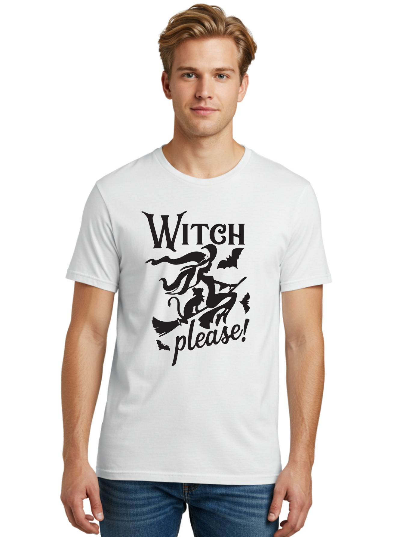 Witch-Please Men'S Graphic Tee, 100% Cotton, Comfortable Casual Summer Wear, Machine Washable, Witch Flying On Broomstick, Black Cat, Bats, Halloween Theme, Mystical, Magical, Spooky Atmosphere, Witchy Vibes, Gothic, Cursive Text Aad315