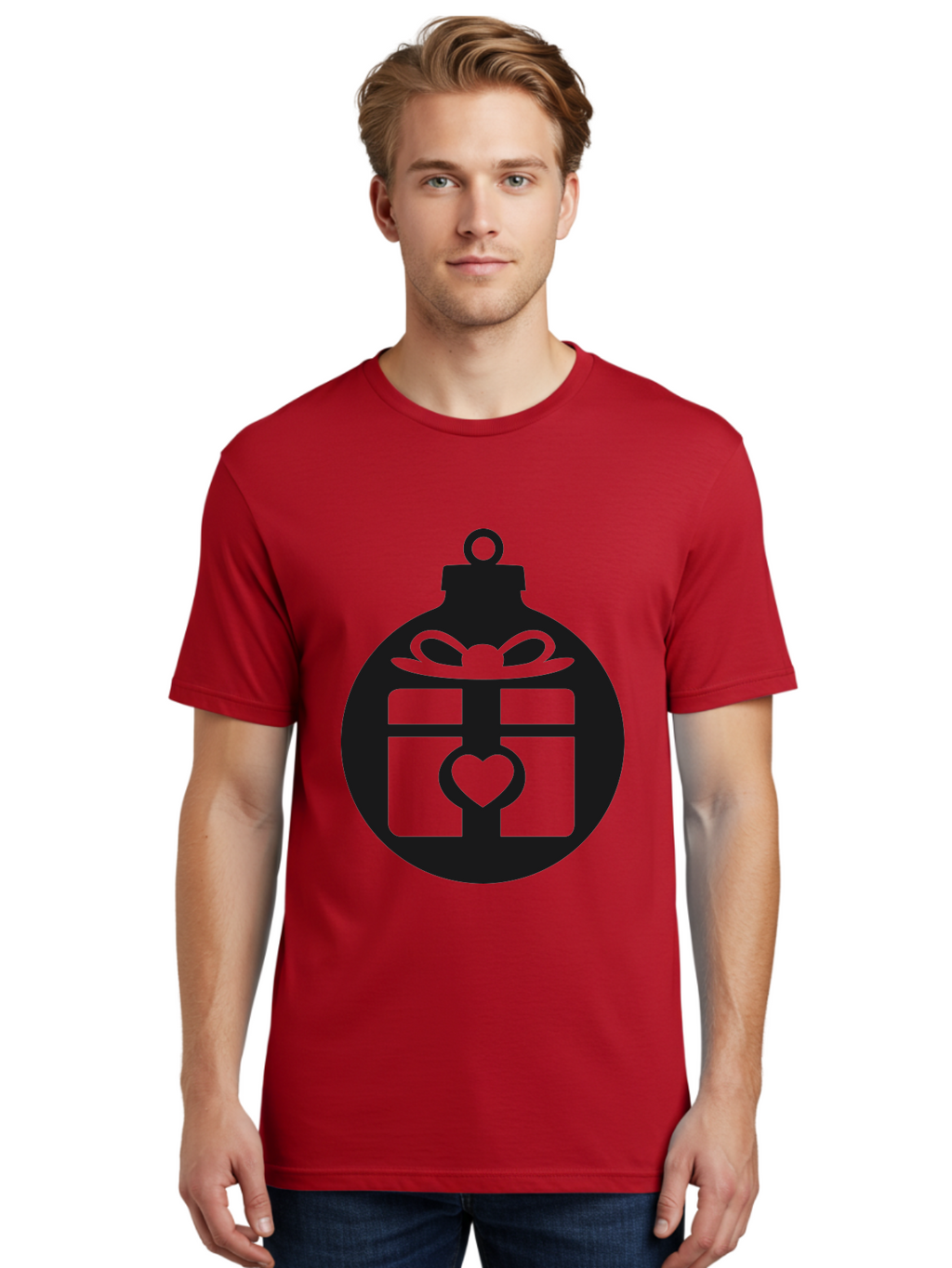 Wrapped-Gift-Ornament-1 Men'S Graphic Tee, 100% Cotton, Comfortable Casual Summer Wear, Machine Washable, Gift Box With A Bow, Heart-Shaped Decoration, Christmas Ornament, Festive Symbol, Holiday Gift Idea, Present With A Heart Aad320