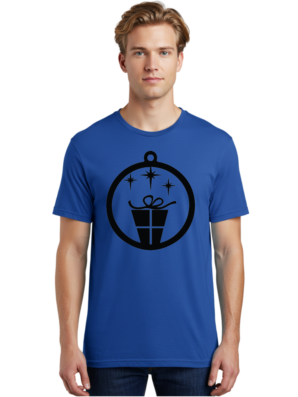 Wrapped-Gift-Ornament Men'S Graphic Tee, 100% Cotton, Comfortable Casual Summer Wear, Machine Washable, Gift Box, Ornament, Stars, Festive Design, Holiday Decoration, Gift Giving, Christmas Symbol, Celebration, Wrapping, Present Aad321