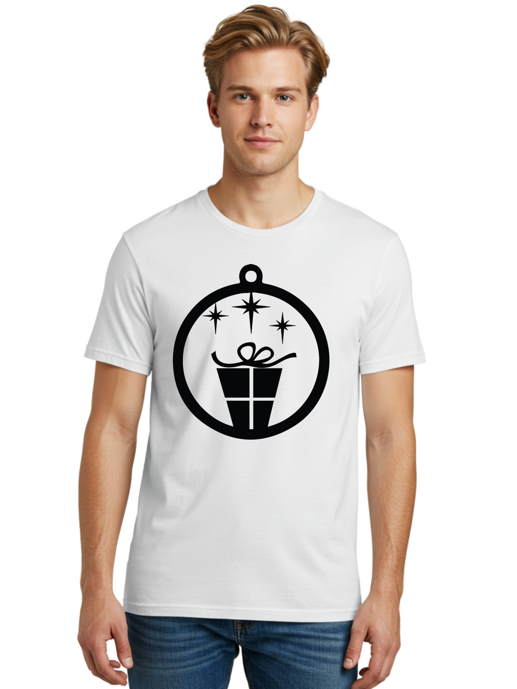 Wrapped-Gift-Ornament Men'S Graphic Tee, 100% Cotton, Comfortable Casual Summer Wear, Machine Washable, Gift Box, Ornament, Stars, Festive Design, Holiday Decoration, Gift Giving, Christmas Symbol, Celebration, Wrapping, Present Aad321