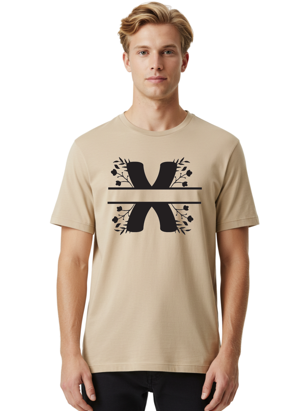 X Men'S Graphic Tee, 100% Cotton, Comfortable Casual Summer Wear, Machine Washable, Stylish X, Floral Design, Black Silhouette, Leaves And Flowers, Bold Typography, Modern Graphic, Decorative Lettering Aad323