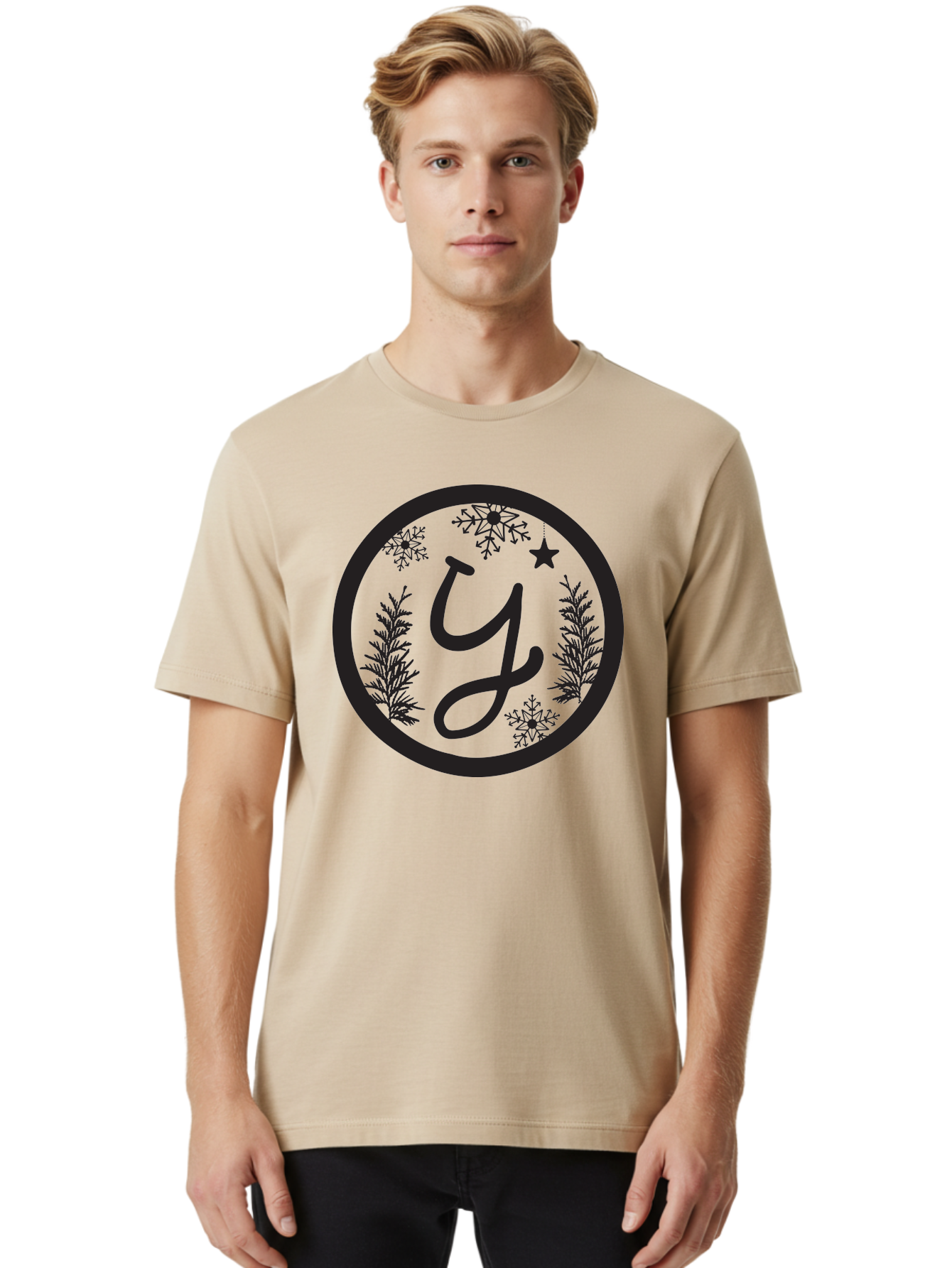 Y Men'S Graphic Tee, 100% Cotton, Comfortable Casual Summer Wear, Machine Washable, Christmas Decoration, Festive Design, Snowflakes, Star, Holiday Theme, Winter Wonderland, Y Logo, Seasonal Graphics, Festive Typography Aad324