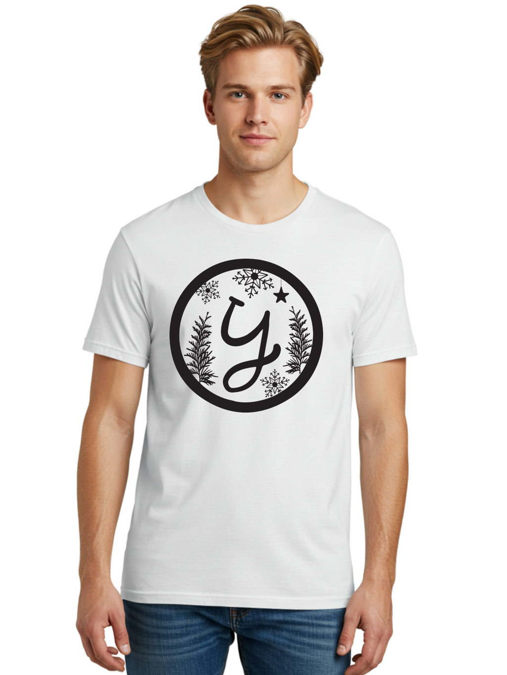 Y Men'S Graphic Tee, 100% Cotton, Comfortable Casual Summer Wear, Machine Washable, Christmas Decoration, Festive Design, Snowflakes, Star, Holiday Theme, Winter Wonderland, Y Logo, Seasonal Graphics, Festive Typography Aad324