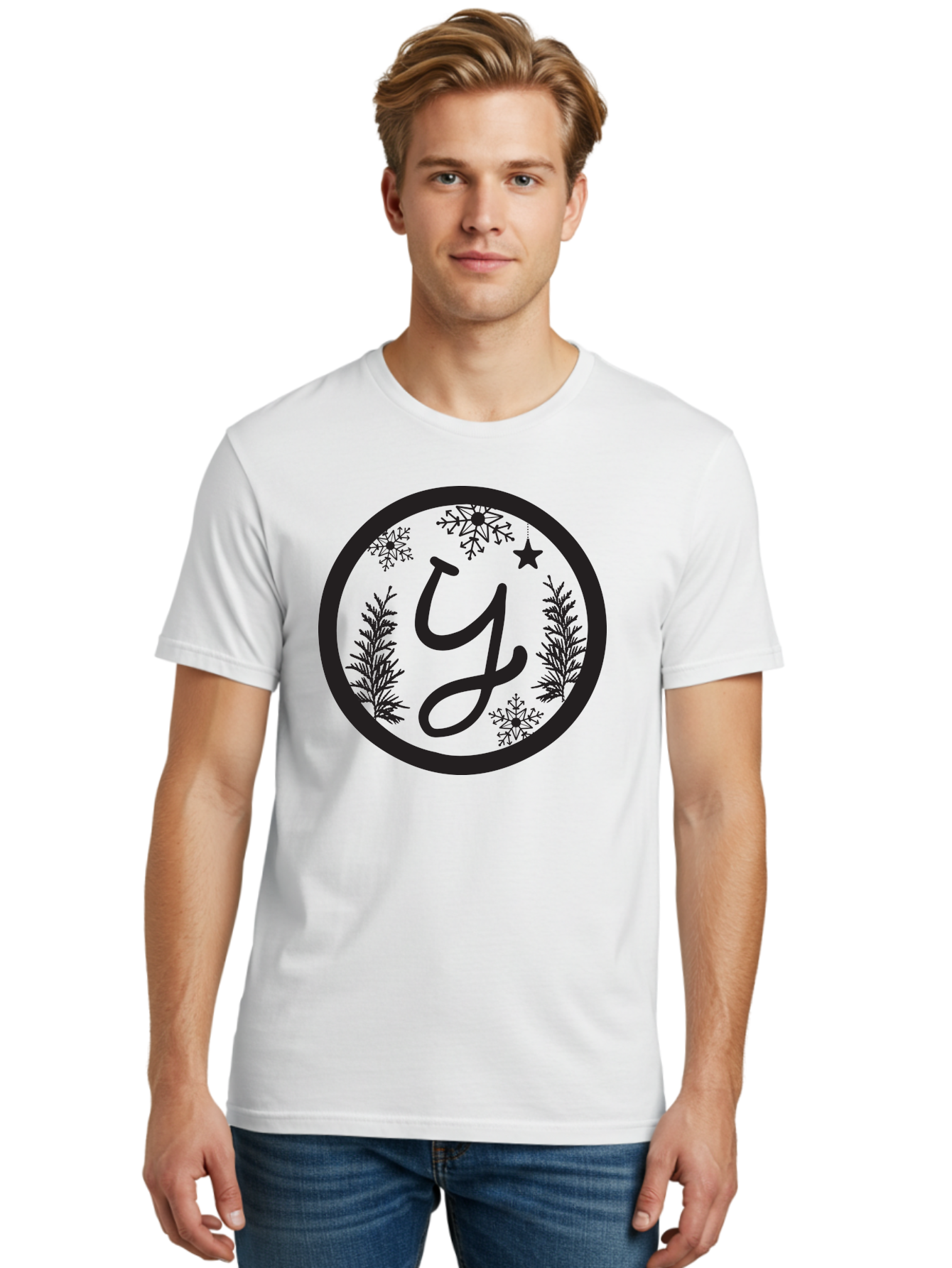 Y Men'S Graphic Tee, 100% Cotton, Comfortable Casual Summer Wear, Machine Washable, Christmas Decoration, Festive Design, Snowflakes, Star, Holiday Theme, Winter Wonderland, Y Logo, Seasonal Graphics, Festive Typography Aad324