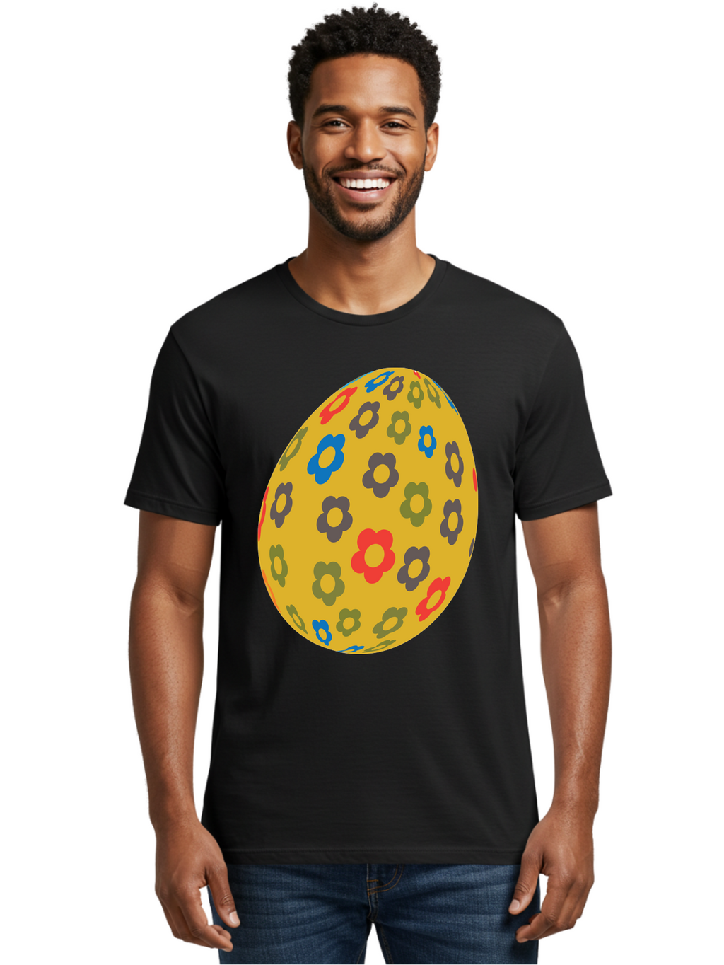 Yellow-Easter-Egg Men'S Graphic Tee, 100% Cotton, Comfortable Casual Summer Wear, Machine Washable, Easter Egg, Floral Pattern, Yellow Background, Colorful Flowers, Red, Blue, Purple, Green Hues, Spring Decoration, Festive Design, Aad325