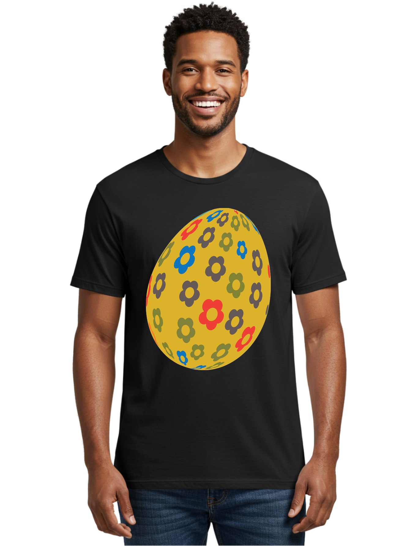 Yellow-Easter-Egg Men'S Graphic Tee, 100% Cotton, Comfortable Casual Summer Wear, Machine Washable, Easter Egg, Floral Pattern, Yellow Background, Colorful Flowers, Red, Blue, Purple, Green Hues, Spring Decoration, Festive Design, Aad325