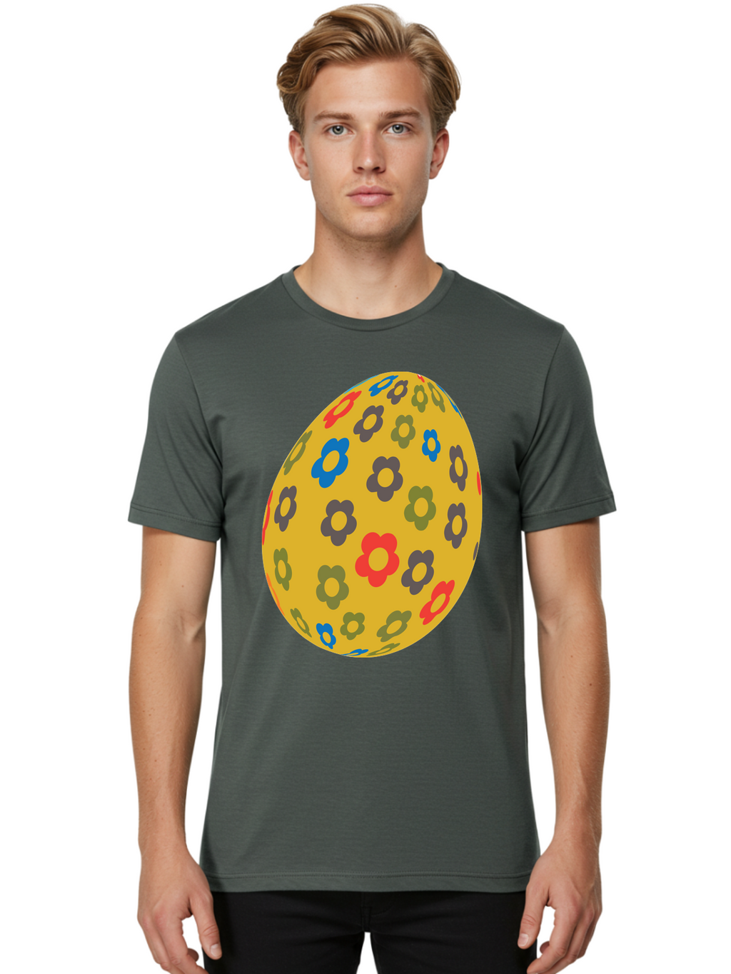 Yellow-Easter-Egg Men'S Graphic Tee, 100% Cotton, Comfortable Casual Summer Wear, Machine Washable, Easter Egg, Floral Pattern, Yellow Background, Colorful Flowers, Red, Blue, Purple, Green Hues, Spring Decoration, Festive Design, Aad325
