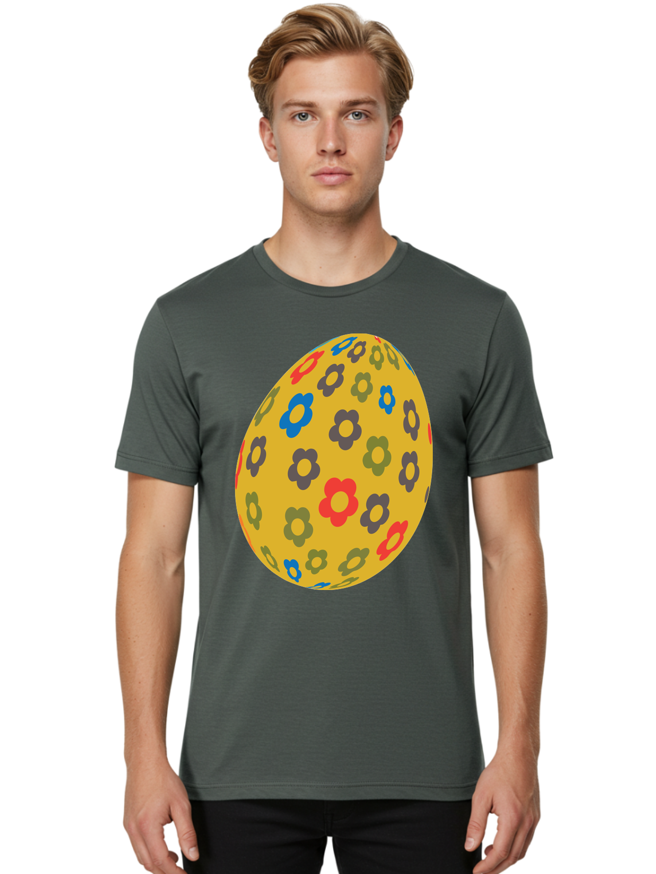 Yellow-Easter-Egg Men'S Graphic Tee, 100% Cotton, Comfortable Casual Summer Wear, Machine Washable, Easter Egg, Floral Pattern, Yellow Background, Colorful Flowers, Red, Blue, Purple, Green Hues, Spring Decoration, Festive Design, Aad325